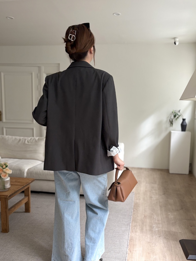 Margot Blazer with Striped Cuffs (Charcoal)