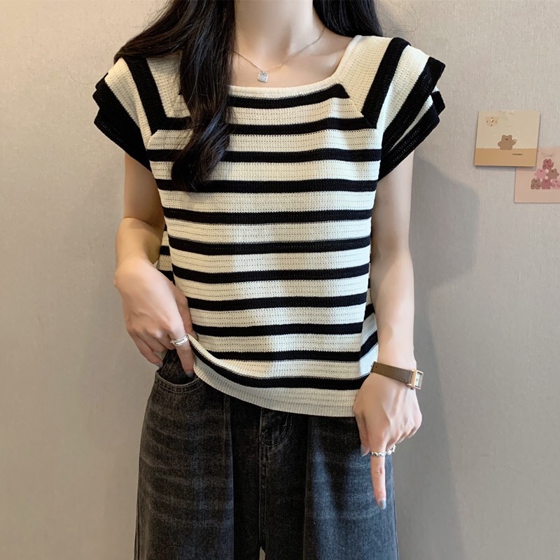 B37(880) 韩版气质横条纹拼接双层飞飞袖黑杏针织上衣