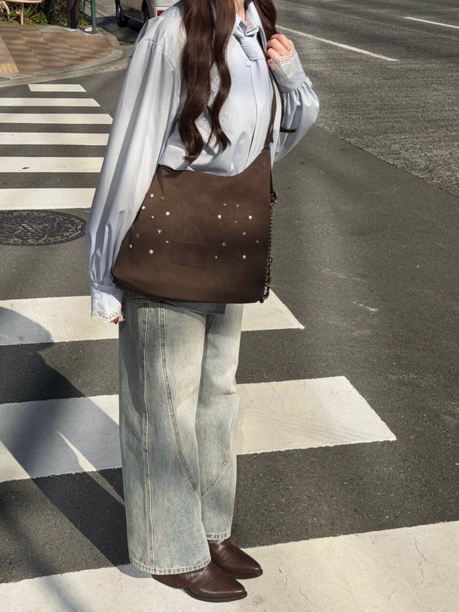 【✨️日本🇯🇵 MELLOWNEON 3 way studded bag 復古絨面窩釘袋✨️】【共2色：奶茶杏色/焦糖棕色】