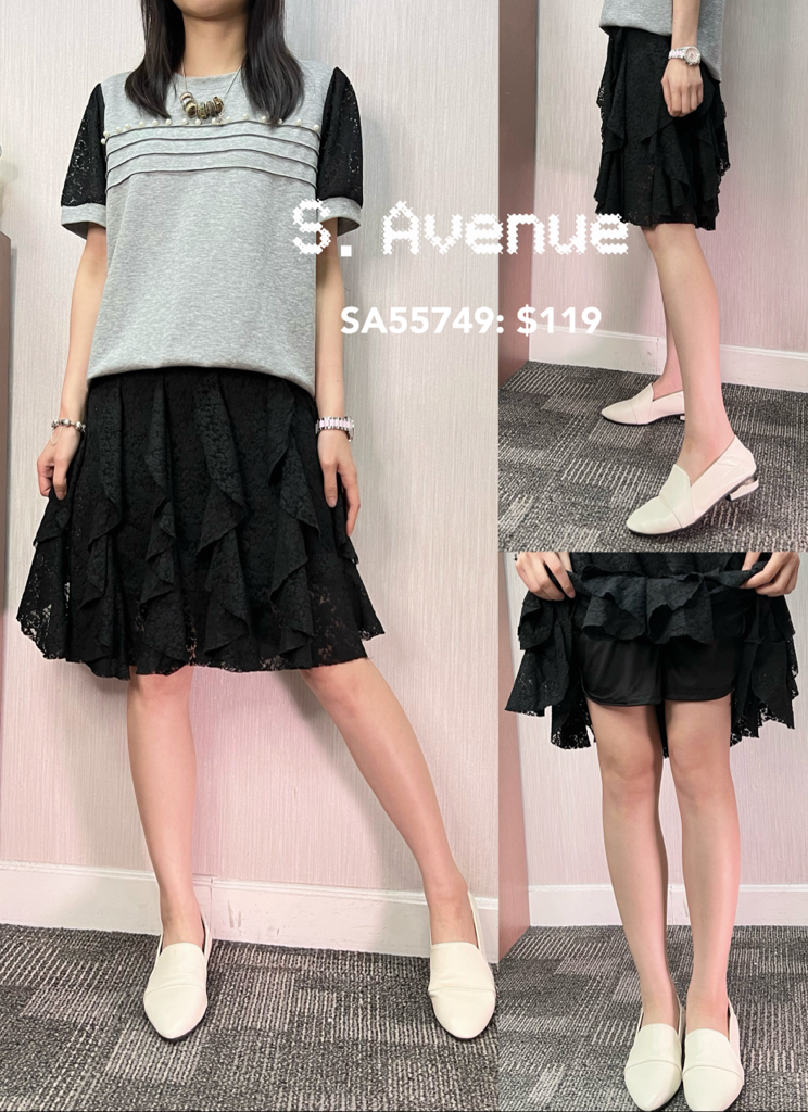 SA55749: 橡筋腰不規則lace及膝裙