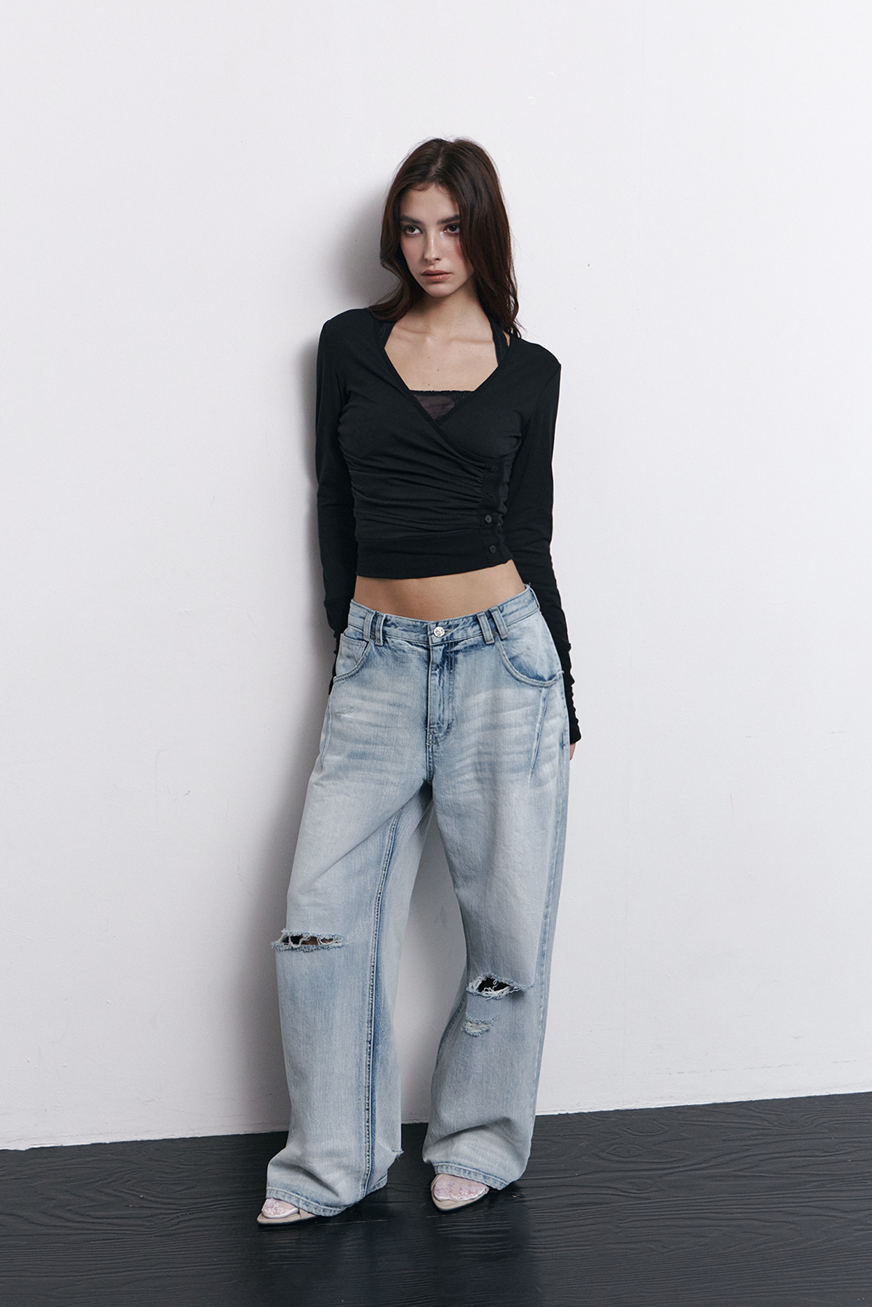 pleaseNOFOLLOW - Selena Button Wrap long sleeve Top (Black)