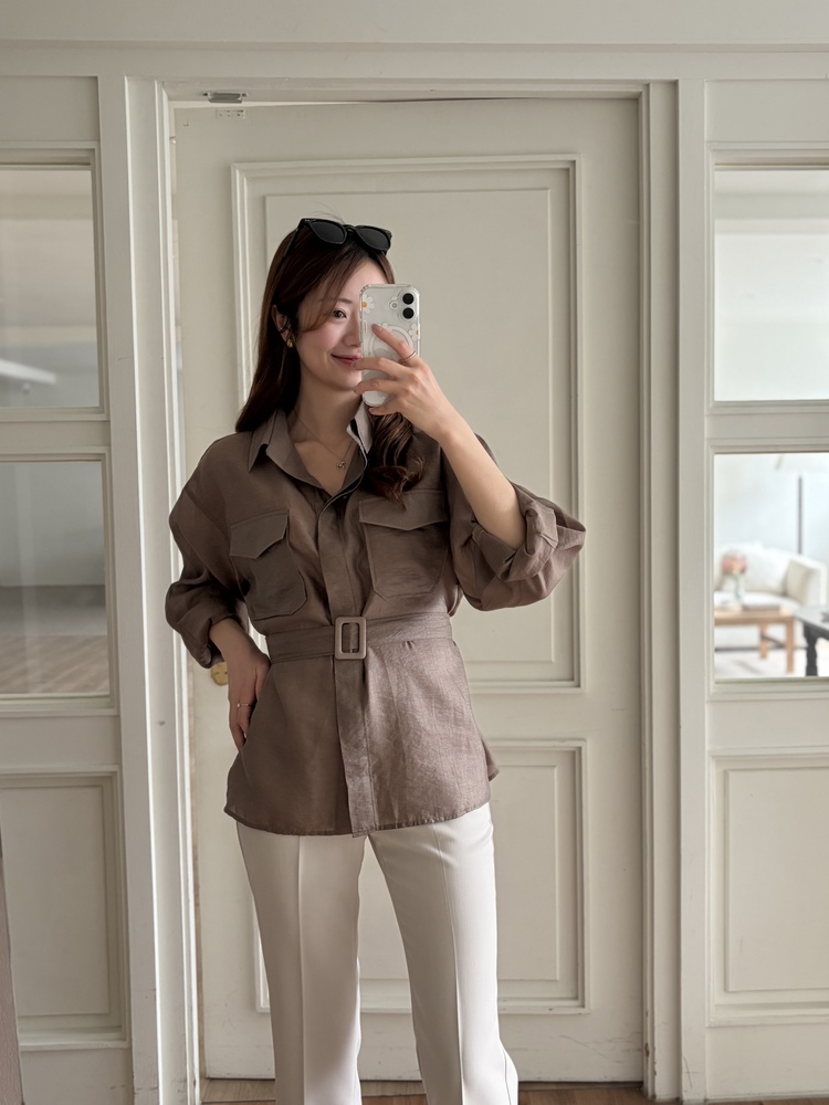Feminine Belted Pocket Blouse (Brown)