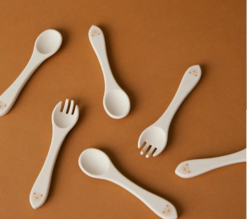 Dottodot 開心熊仔矽膠餐具系列-勺叉套裝(beige bear)