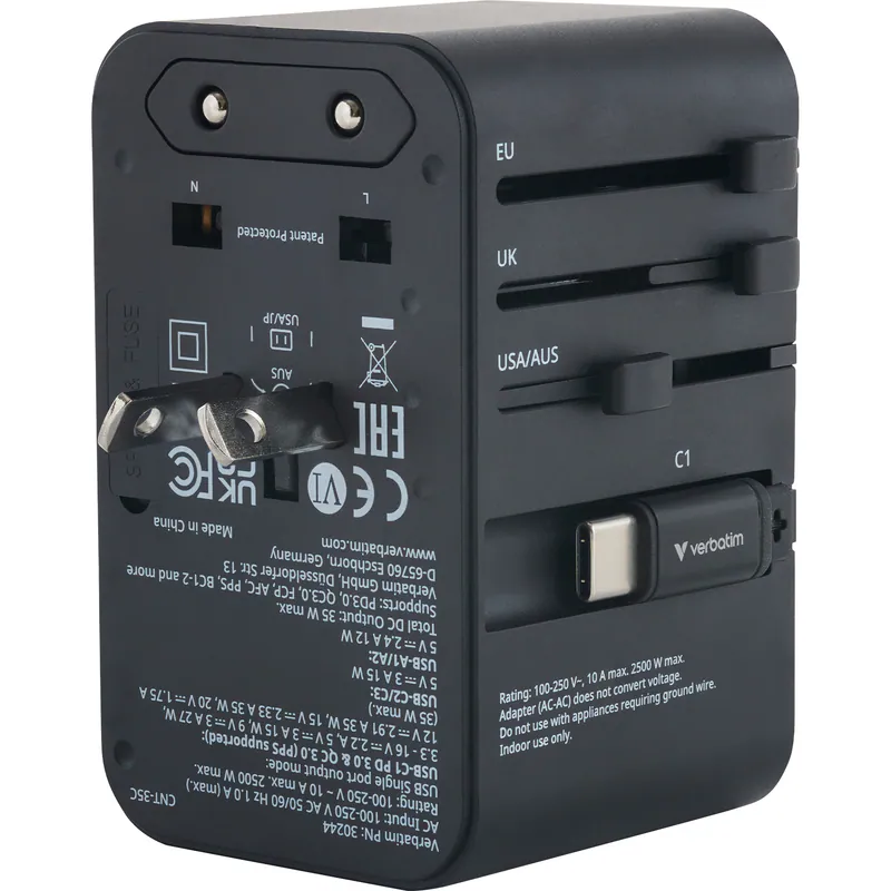 香港行貨 2年保養 威寶 Verbatim 35W 通用旅行轉插 旅行充電器 (附USB-C可伸縮充電線) 30244