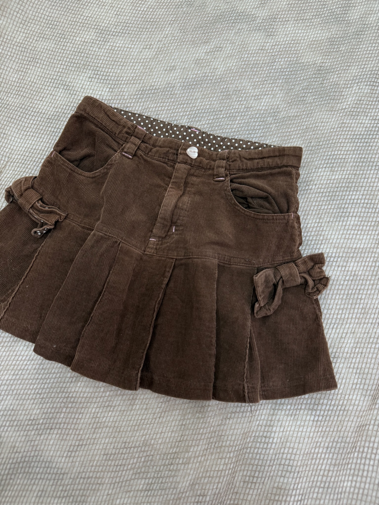 Brown Corduroy Pleated Mini Skirt with Side Bows and Polka Dot Lining