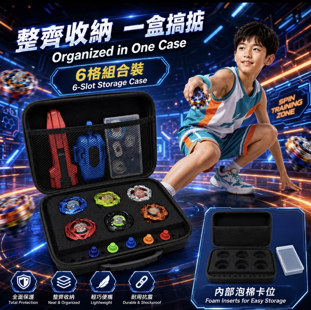 陀螺 6格專業防震收納盒 (酷炫全黑款) | 附零件盒與保護海綿 適合用於收藏爆旋陀螺