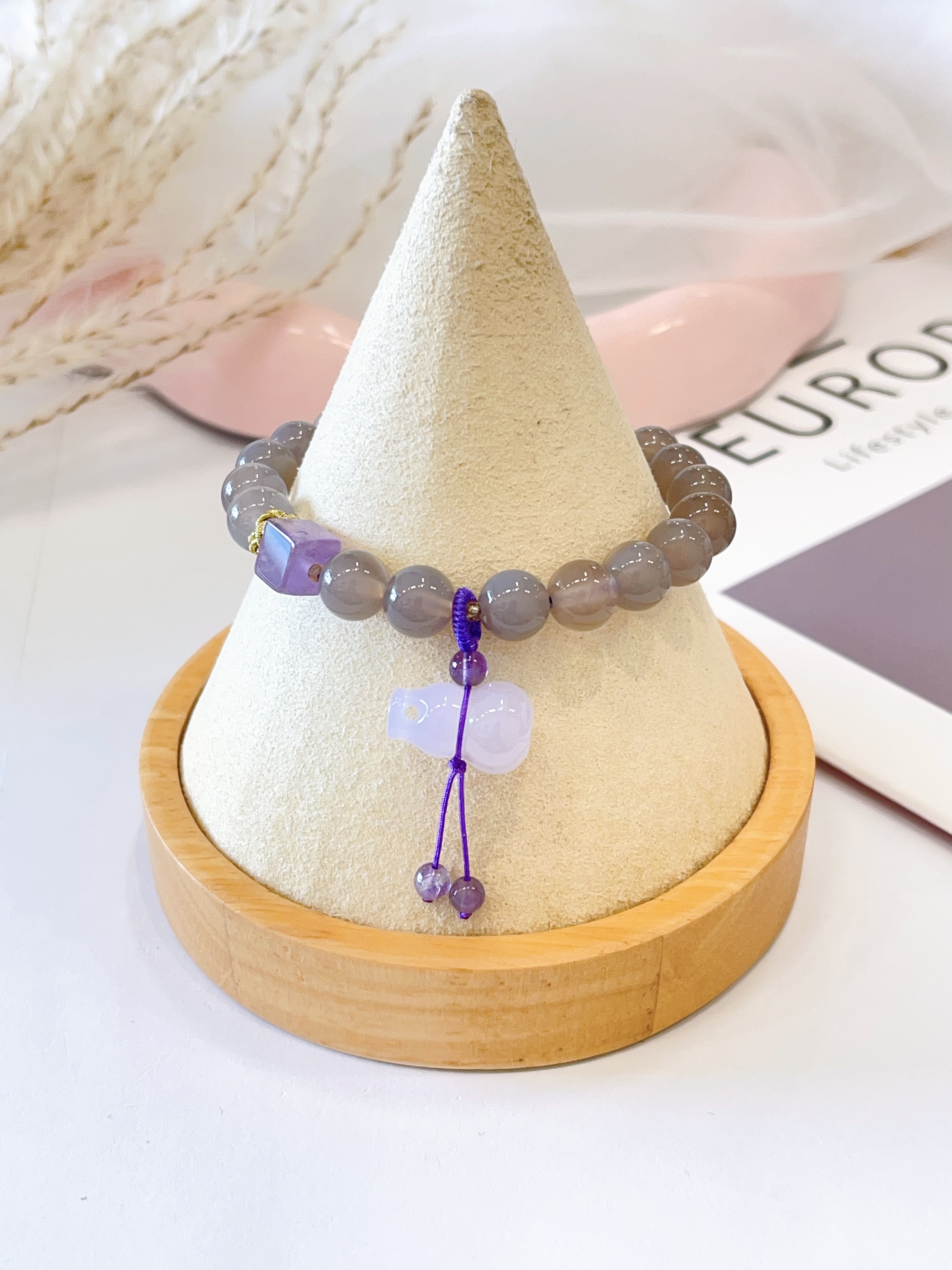 🩶💜🍀 灰玛瑙 × 紫水晶 × 葫芦手串 Grey Agate, Amethyst & Gourd Charm | 8mm