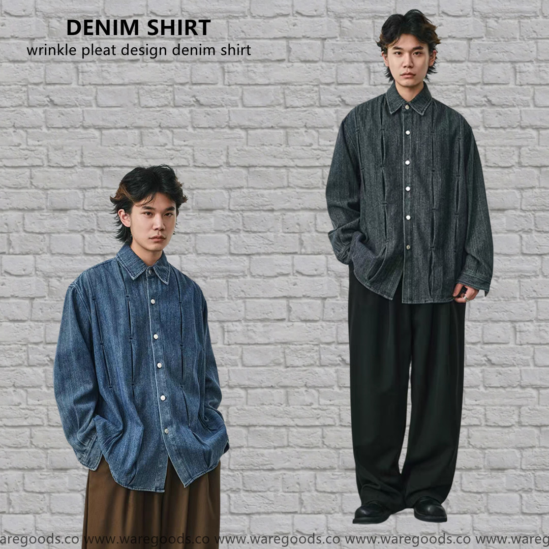 W0315復古打褶設計牛仔恤衫