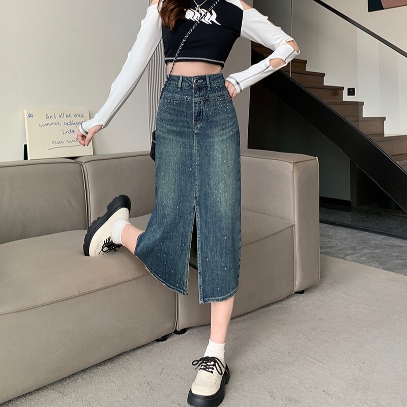B274(30366) 韩版JEANS时尚高级感烫钻前开角蓝长裙