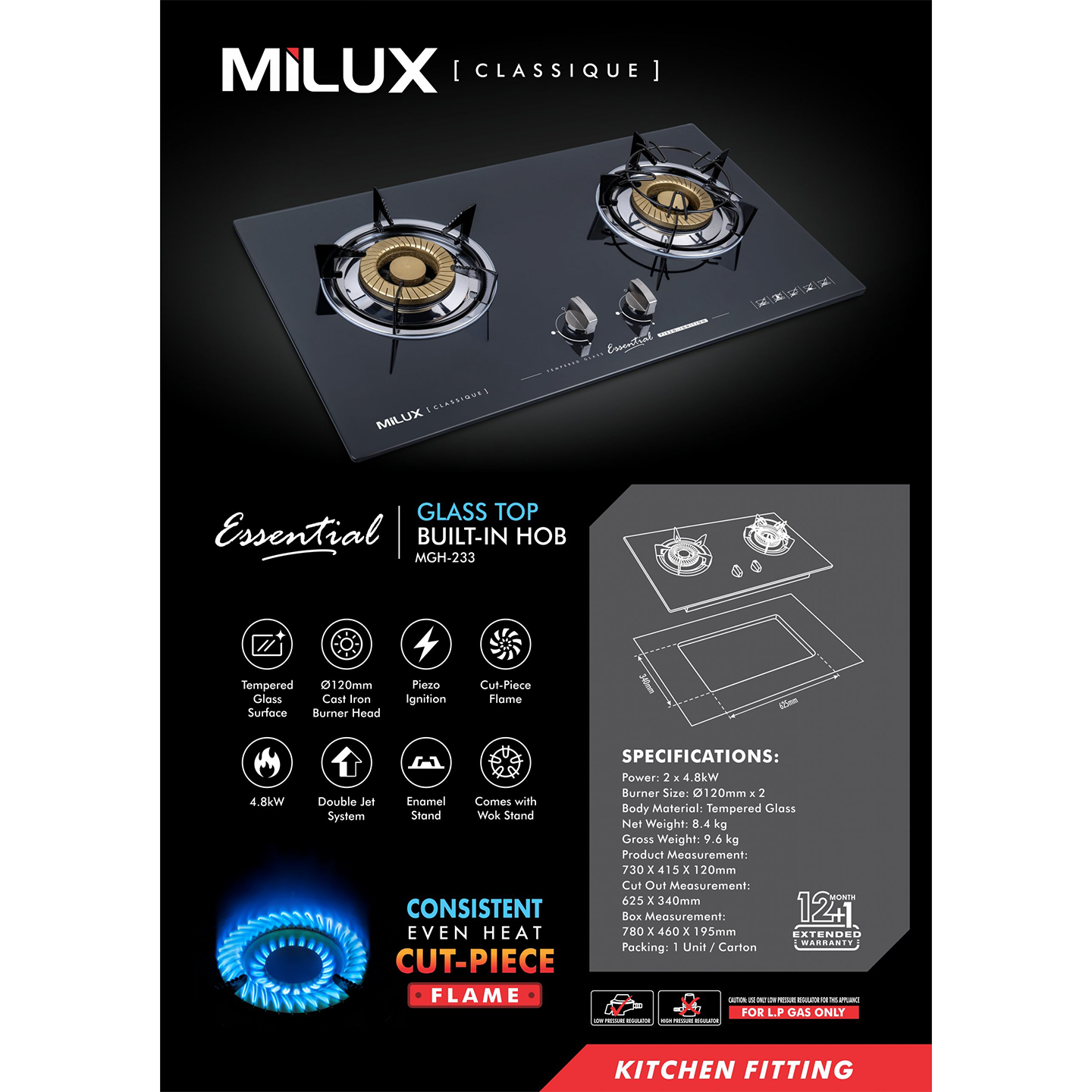 Milux 4.8kW Tempered Glass Built-in Hob (MGH-233)