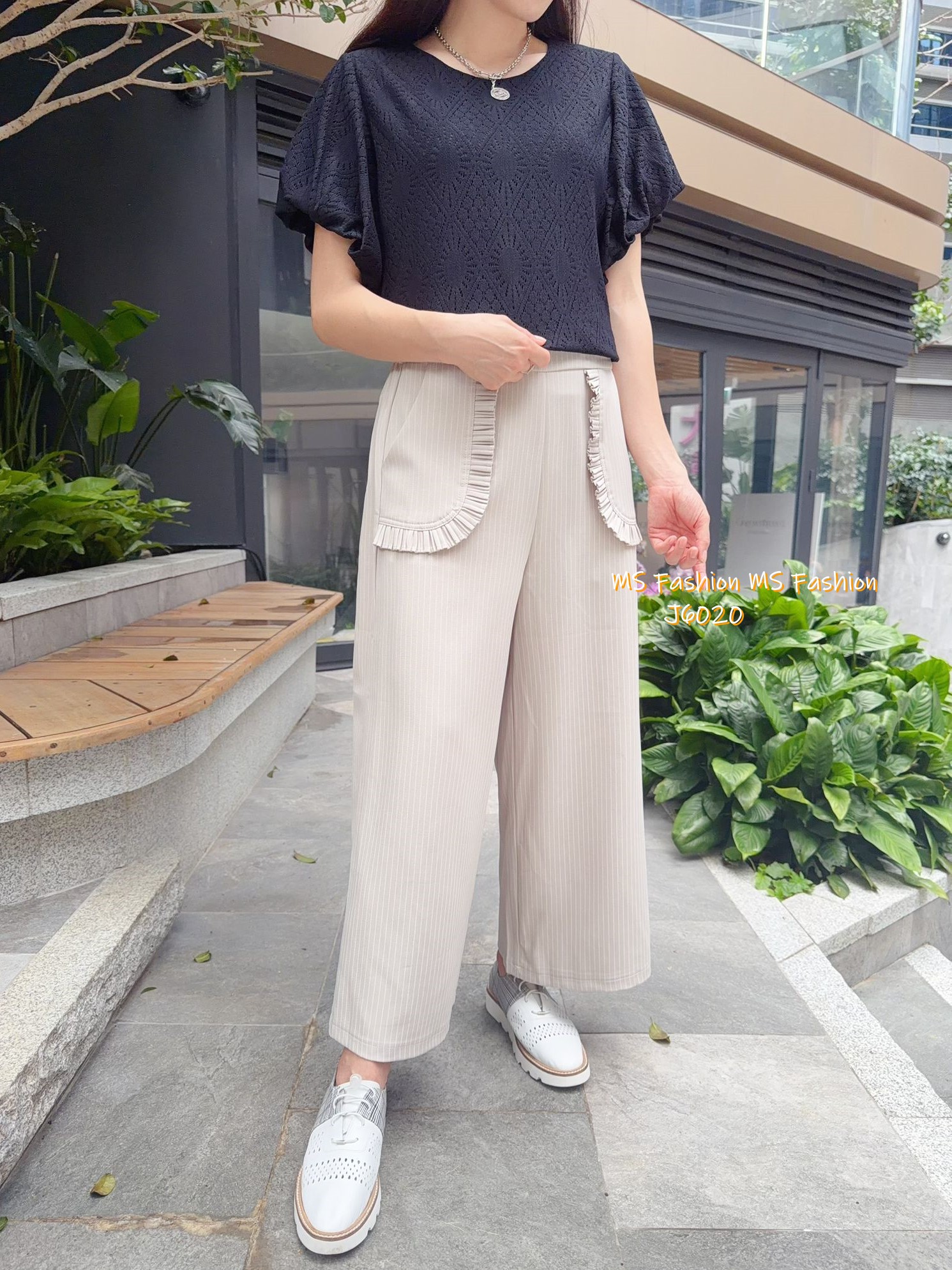 J6020 韓國🇰🇷條子ruffle袋闊褲