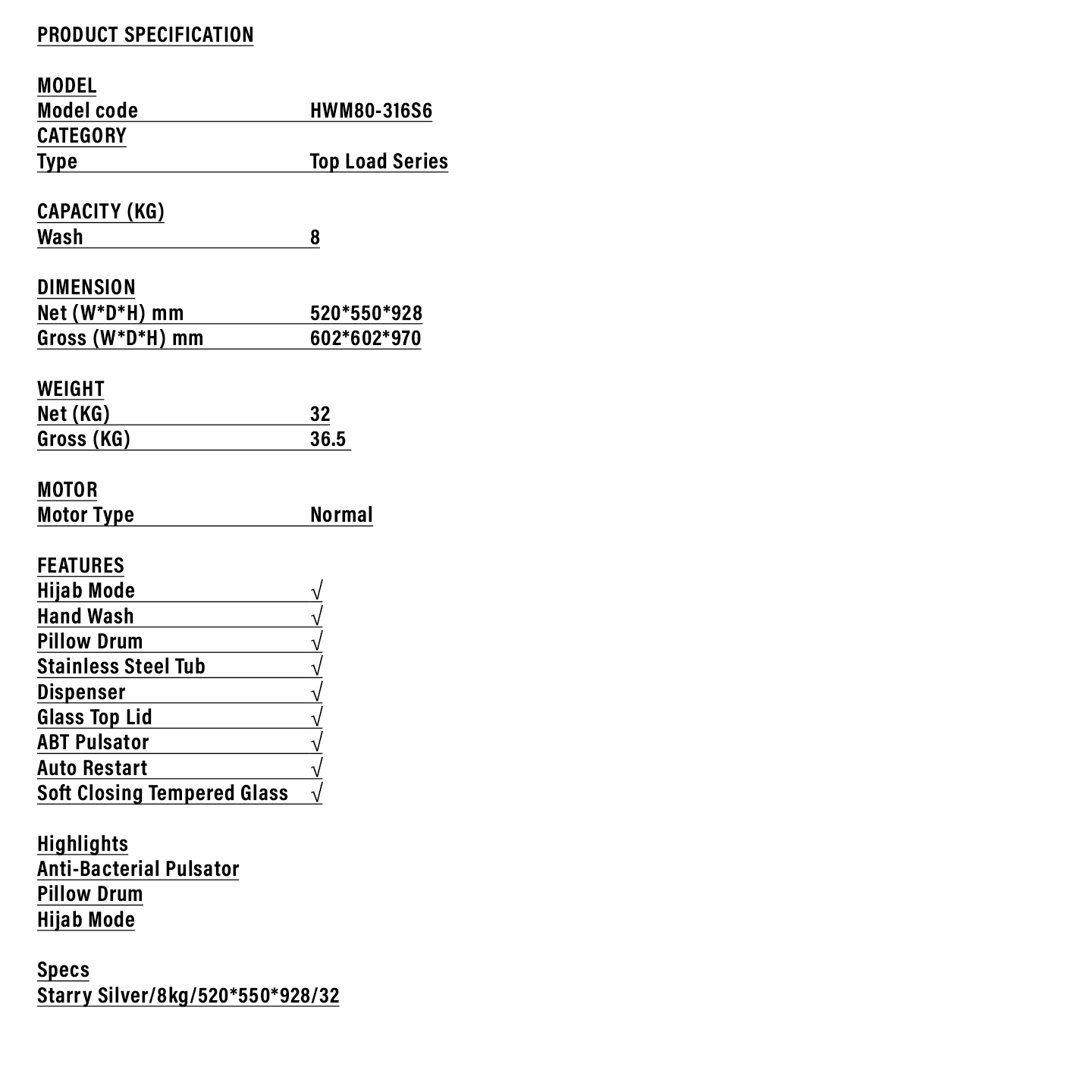 Haier 8kg Top Load Washing Machine (HWM80-316S6)