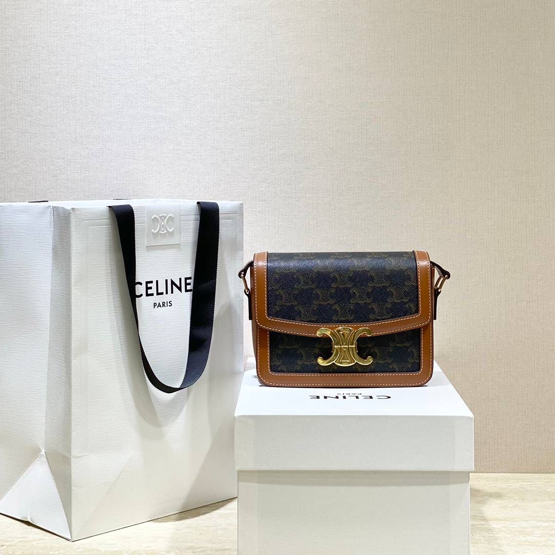 🔥大货实拍图 𝗖𝗘𝗟𝗜𝗡𝗘 ♥ 𝗧𝗥𝗜𝗢𝗠𝗣𝗛𝗘 𝗧𝗘𝗘𝗡 𝗕𝗢𝗫小号 在原来的锁扣上加了CELINE首字母凯旋门扣，完完整整的巴黎血液注入啊！将复古元素与品牌一向拿手的利落线条相结合，气质 高贵！ 型号：188882 小号尺寸：18.5*14*6cm