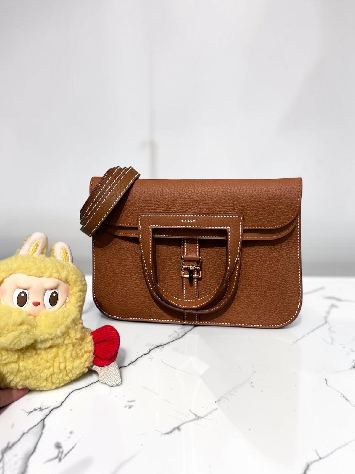 全新 Hermes Halzan 25, STAMP W金棕色金扣 粒粒牛皮,100%Authentic,100%new全新貨品 ✅收據✅dust bag✅box
