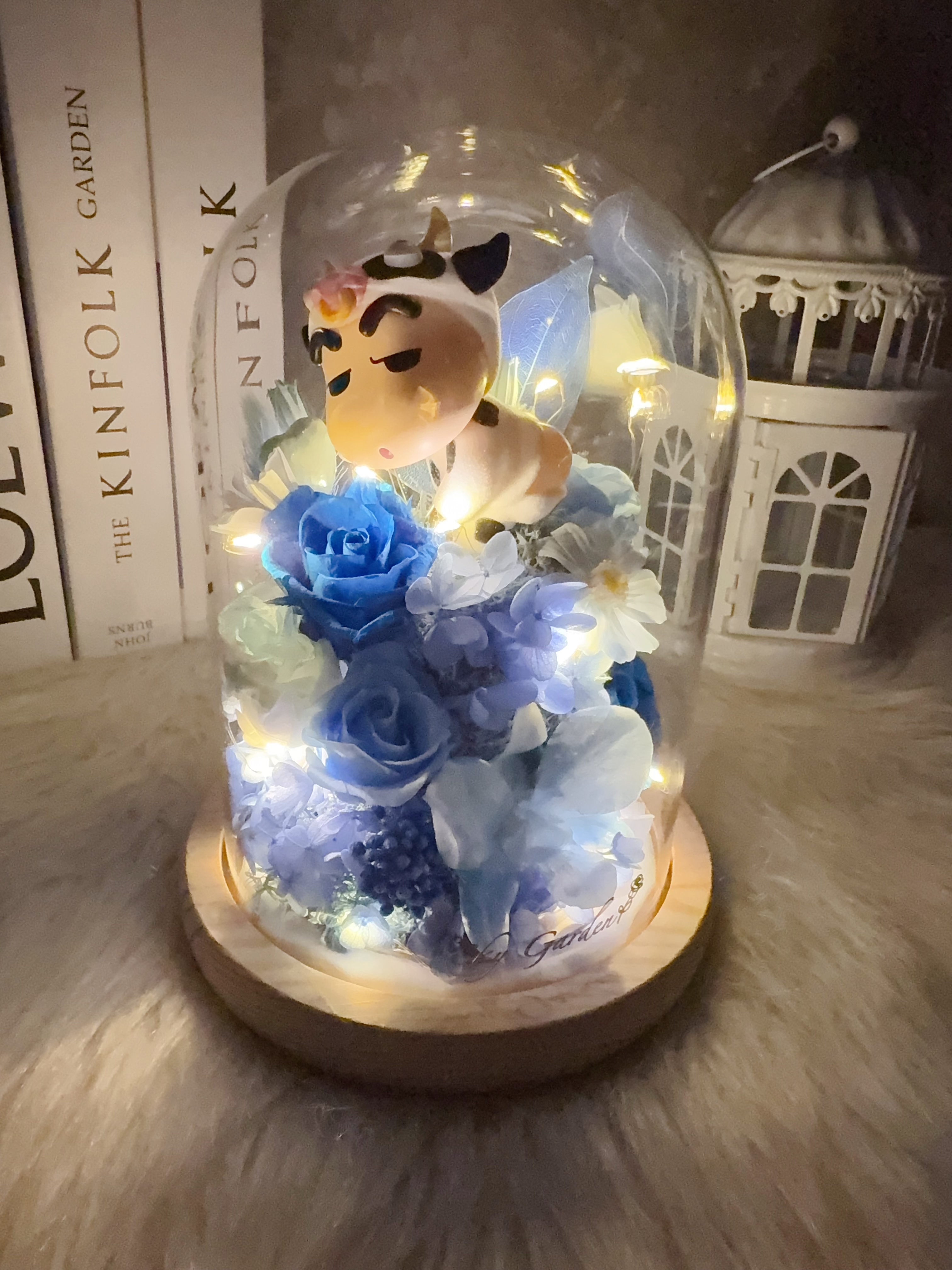 牛牛小新屁屁藍色永生花玻璃罩