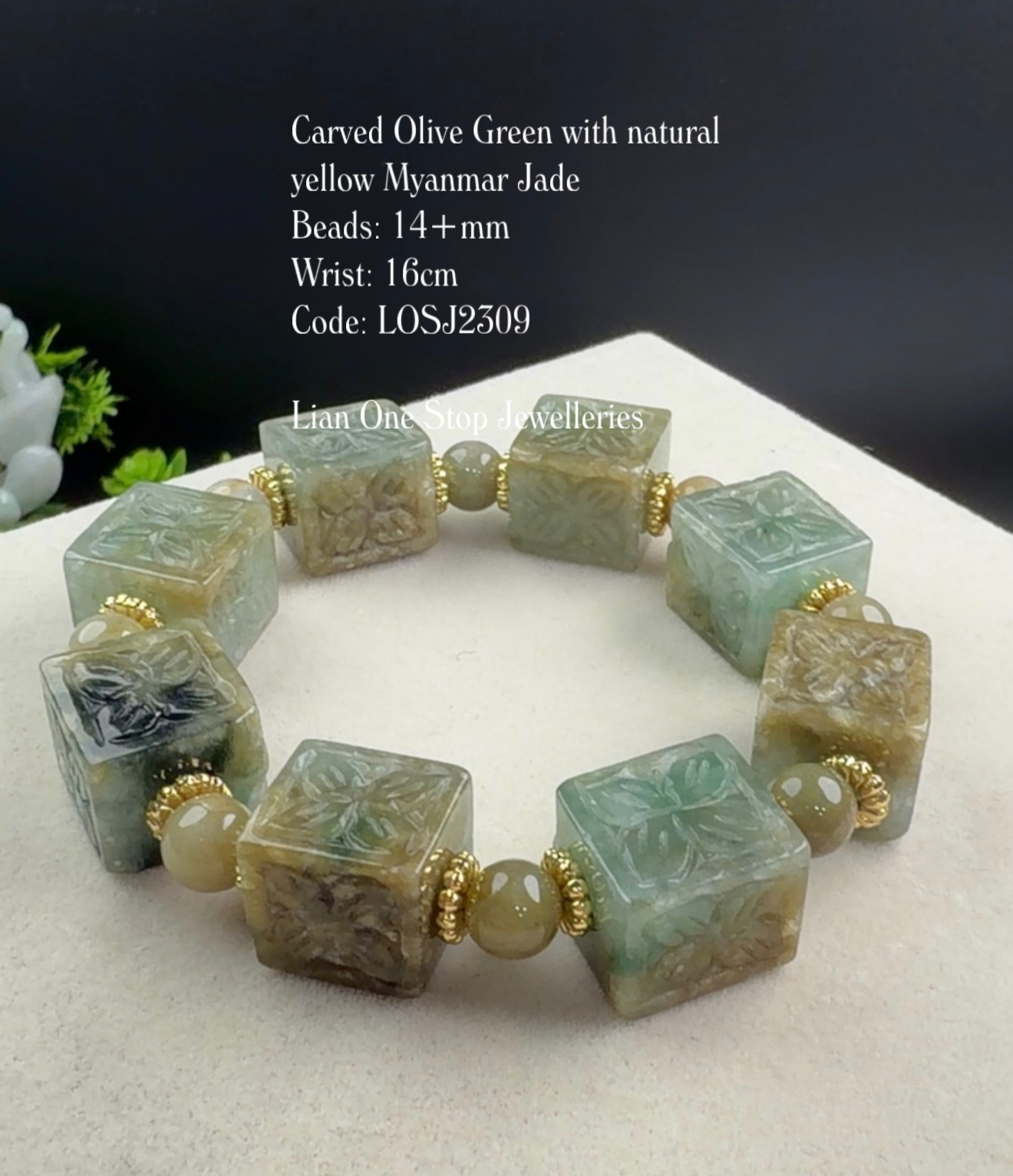 Code: LOSJ2309 Carved Olive Green with natural yellow Myanmar Jade