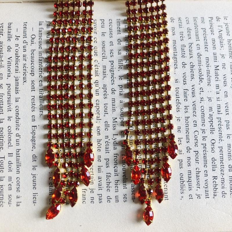 C.a. 1980s Red Rhinestone Extra Long Waterfall Tassel Clip Earrings(MT1801)