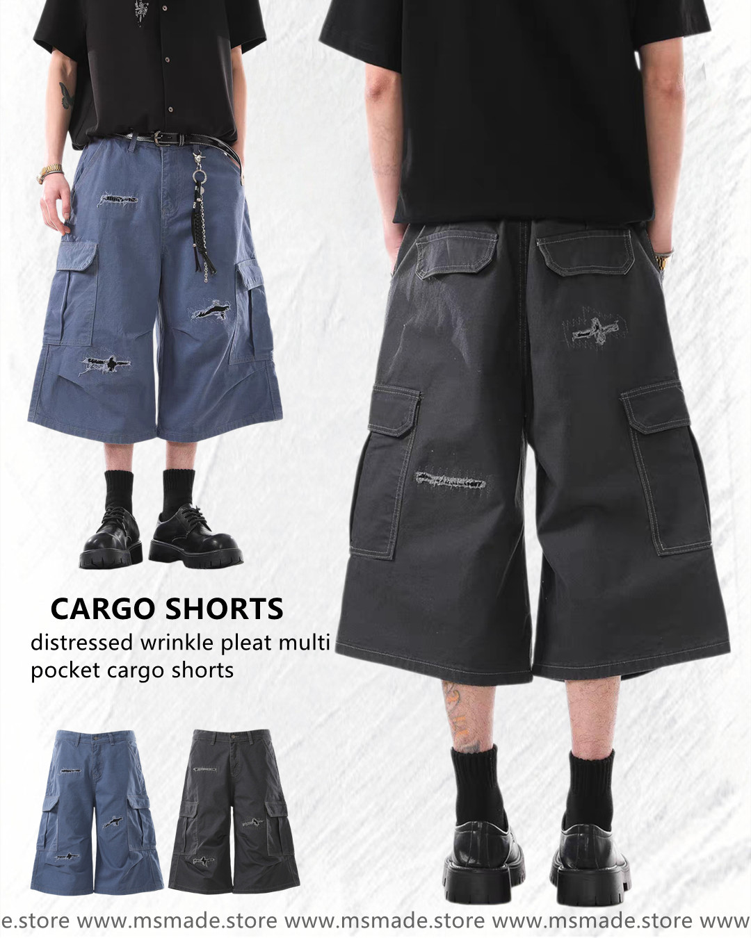 M312破洞皺褶多袋工裝短褲