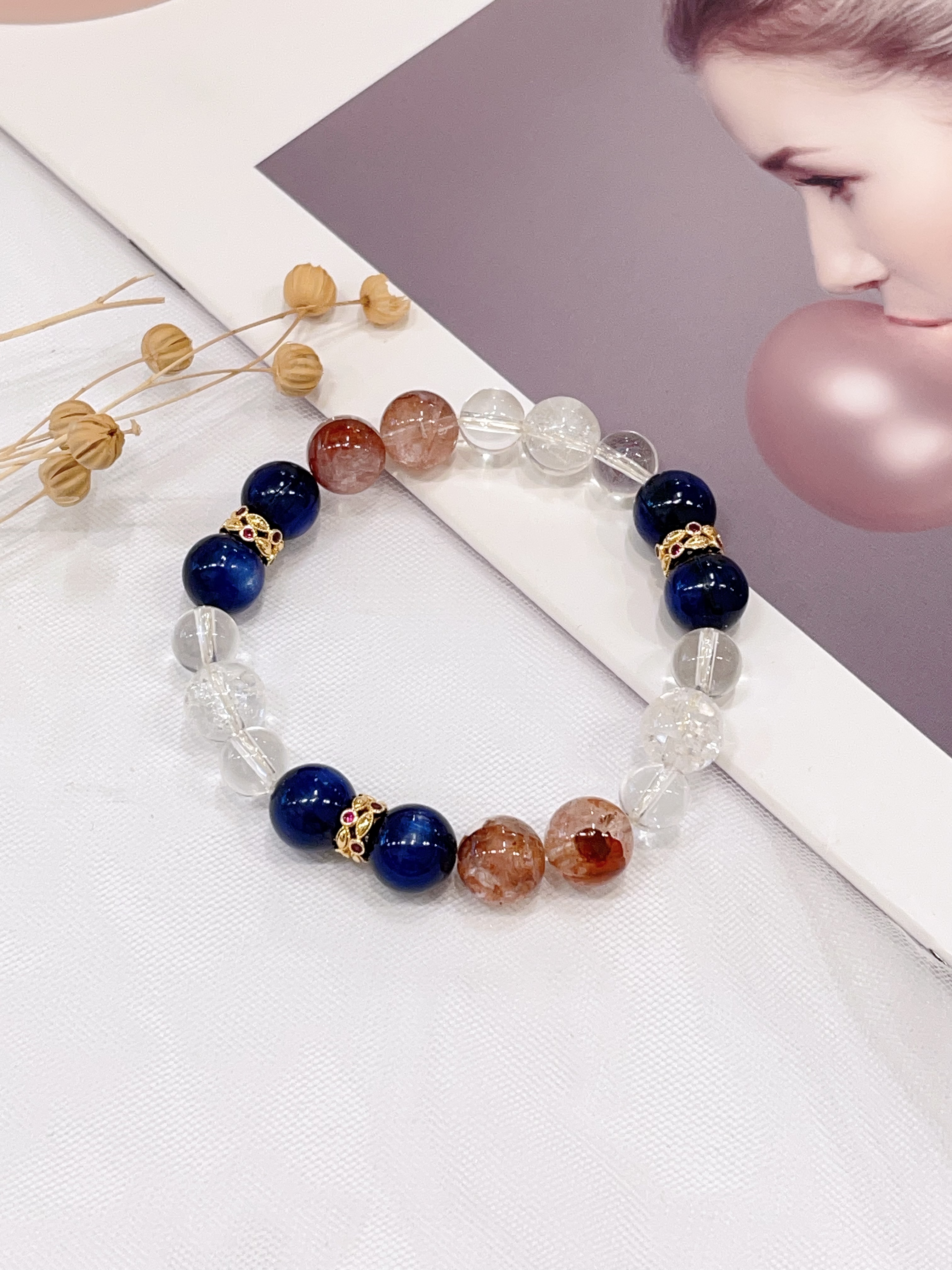 💙 青金石 × 红胶花 × 白水晶手串  Lapis Lazuli & Red Rutilated Quartz & Clear Quartz｜智慧行动