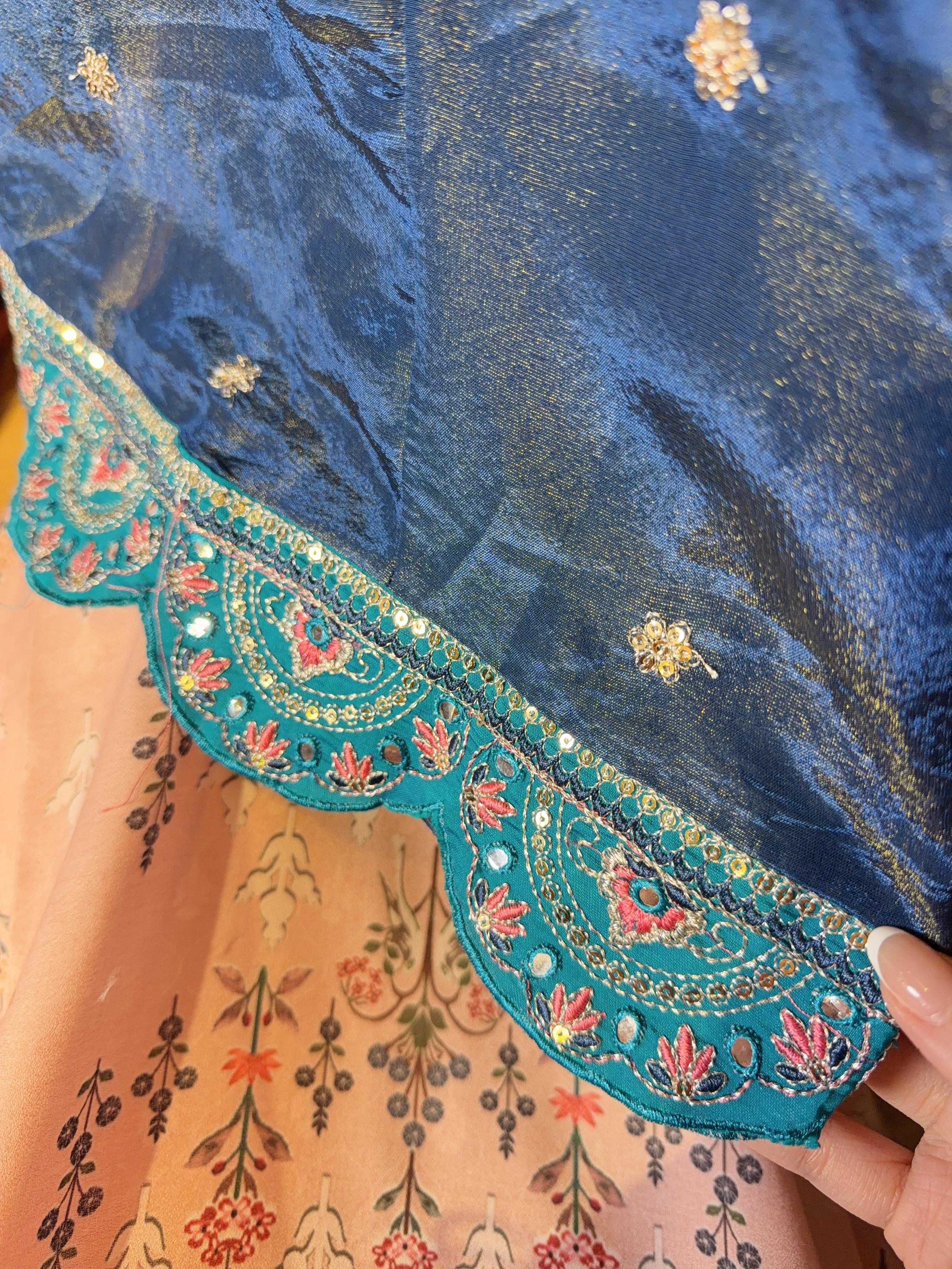 Navy Blue Emb.Silky Round Neck with wavy edge OP #1149