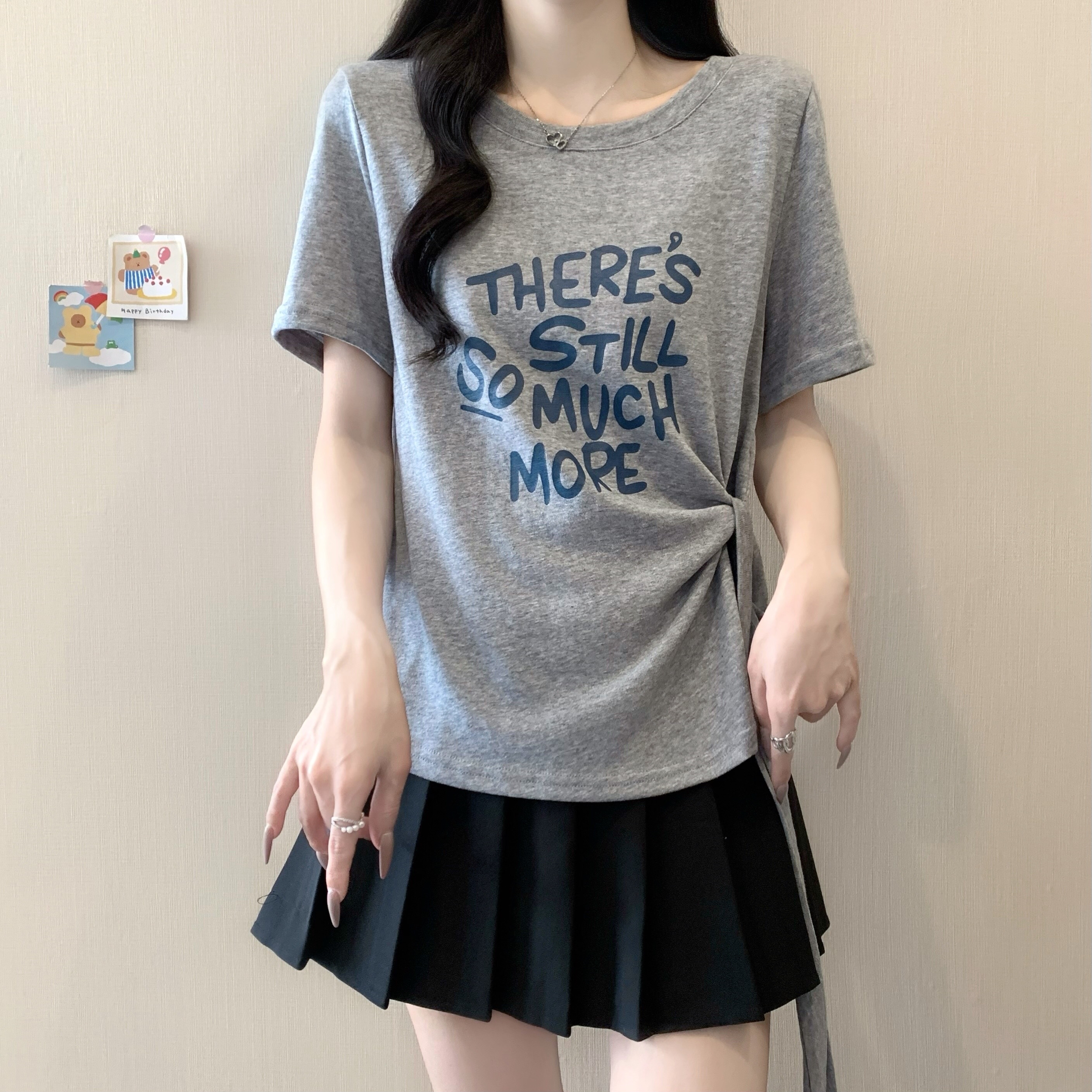 B214(80825) 韩版THERE’S STILL SO MUCH MORE侧腰绑带3色上衣 