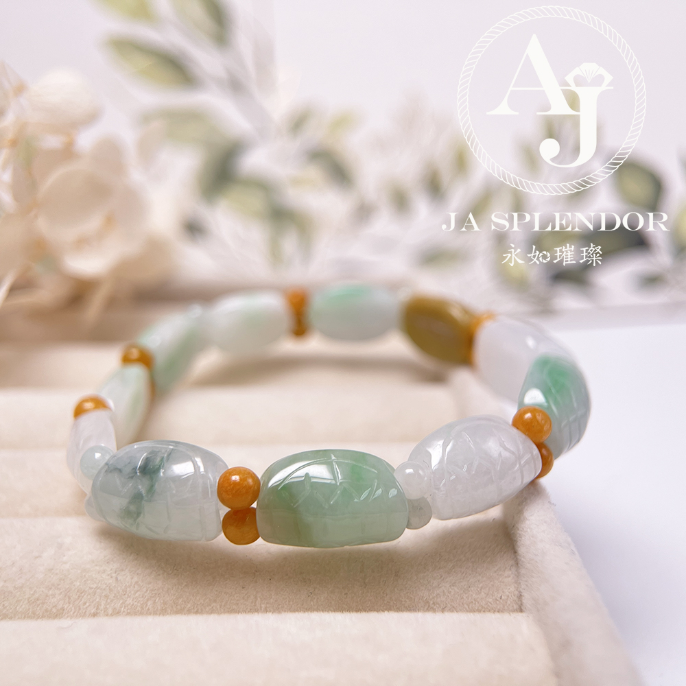 OF-06-J 天然翡翠A玉 - 冰潤三彩長壽吉祥龜貝手串