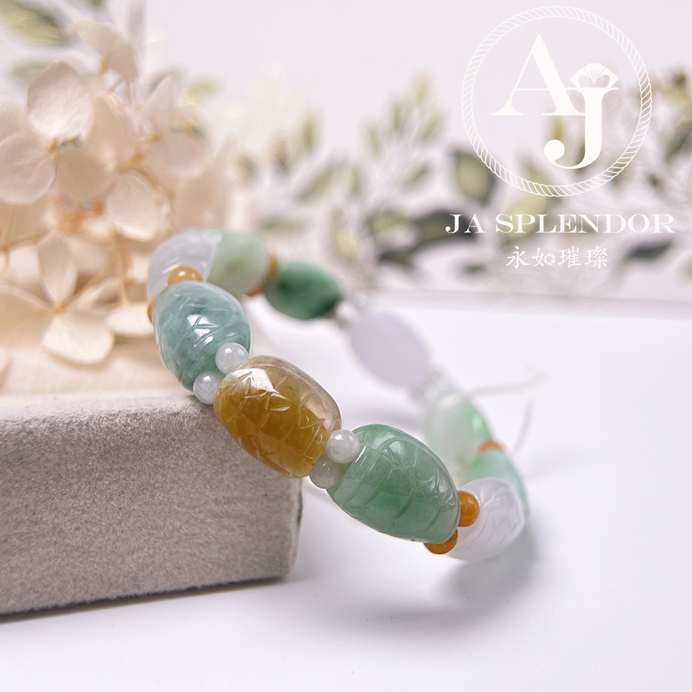 OF-06-B 天然翡翠A玉 - 冰潤三彩長壽吉祥龜貝手串