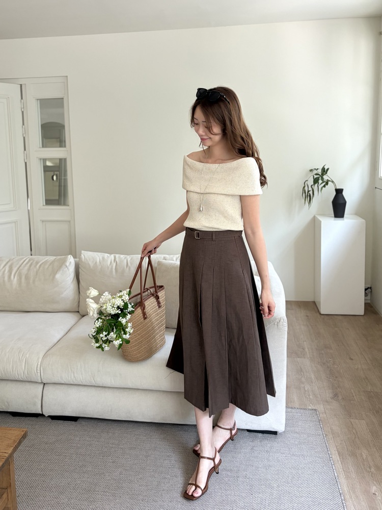 Linen Blend Pleated Skirt (Brown)
