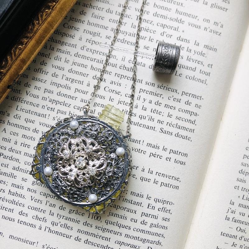 Vintage Recomposed Bejeweled Elaborate Stamped Filigree Purse Perfume Bottle/Necklace(MT1696)