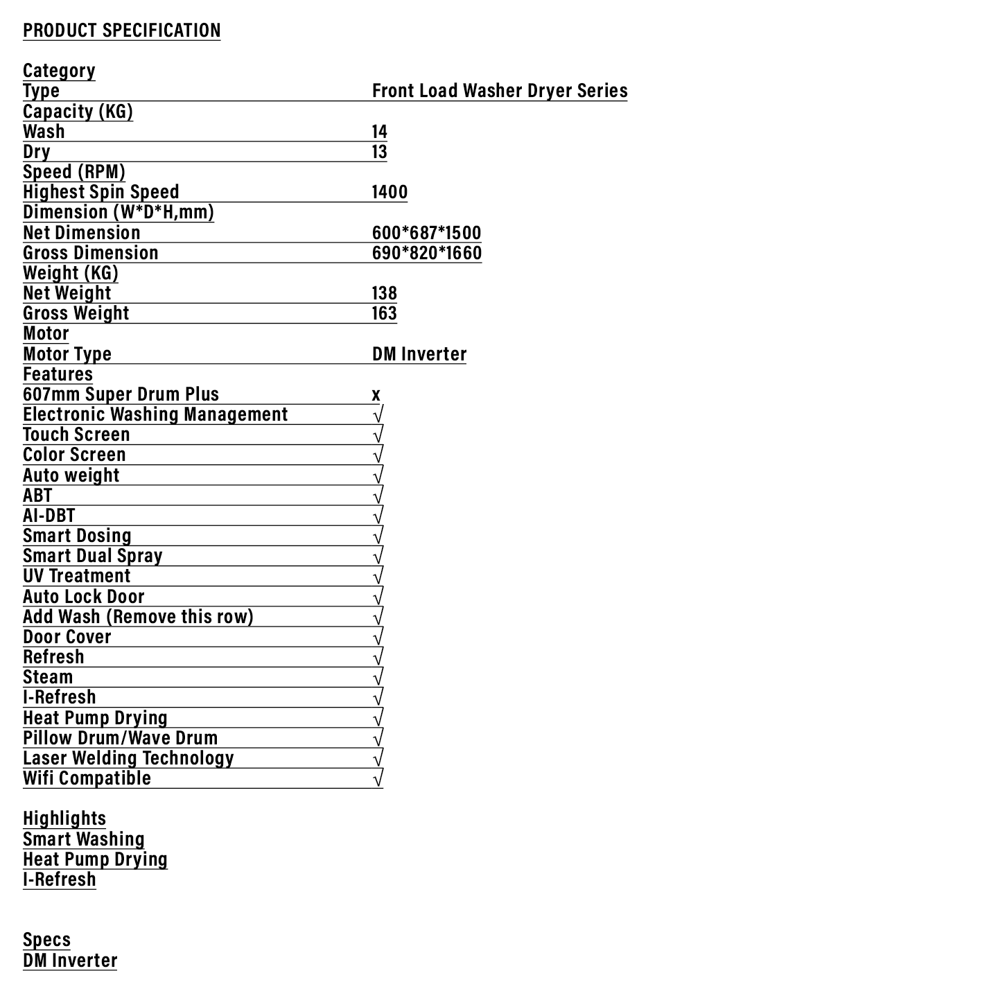 Haier 14kg/9kg Inverter Washer Dryer (HWD140-BD14LCGNU1)