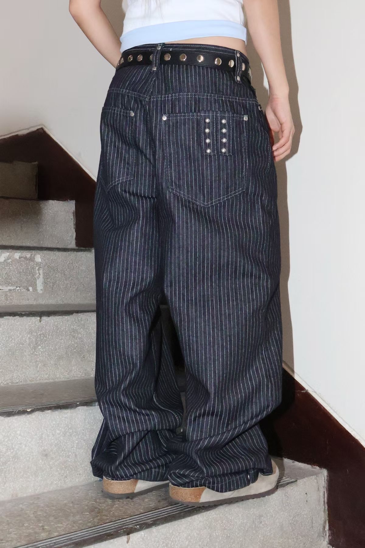 Studded Stripe Wide Denim Pants