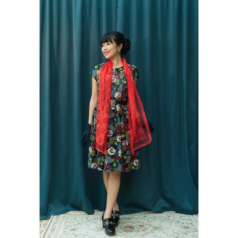 Vintage 1960s Red Floral Pattern Sheer Chiffon Long Scarf From Germany(MT1602)