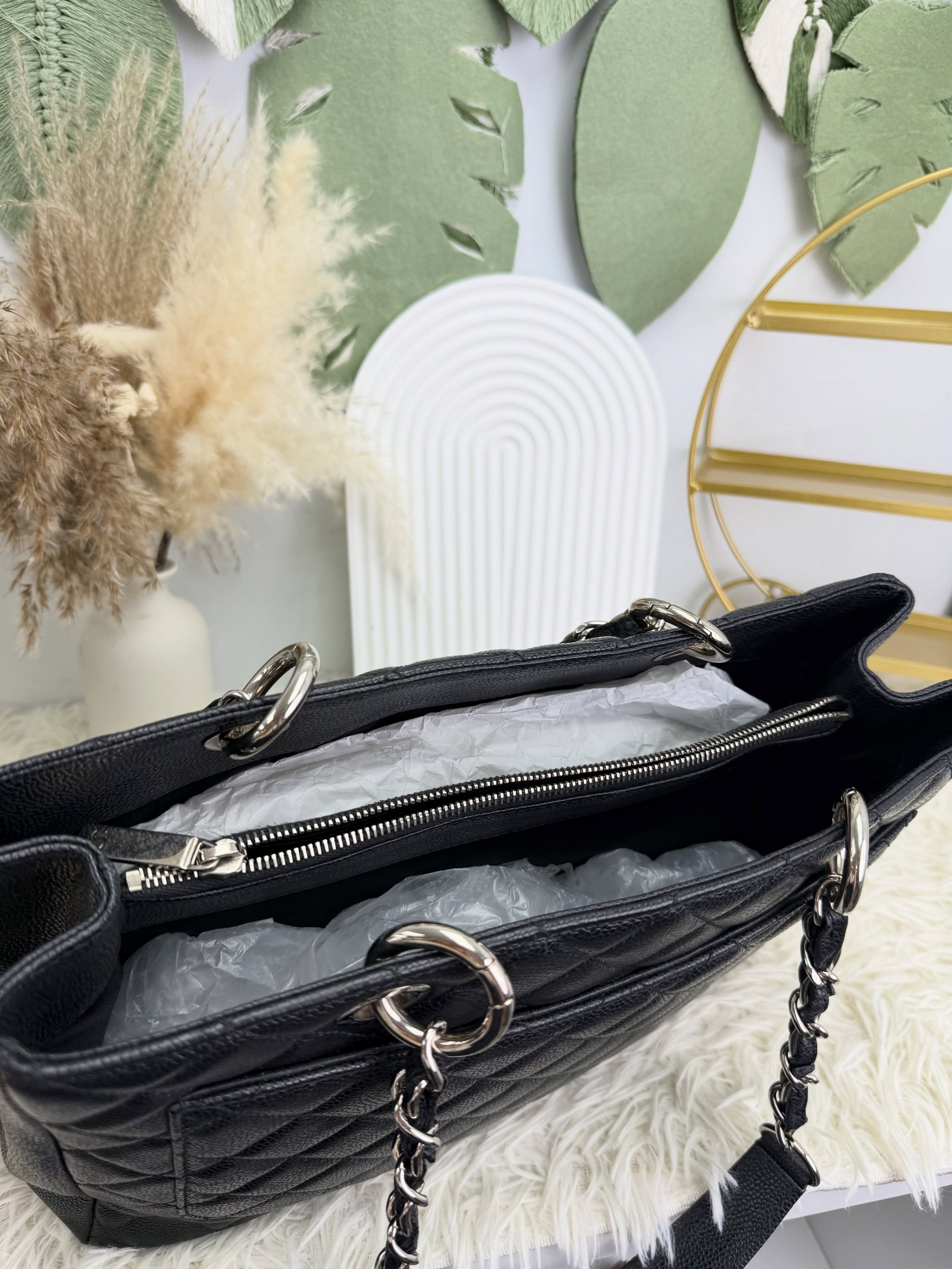 Chanel👜 PRE OWNED 🛍️Grand Shopping Tote 黑銀荔枝牛皮🖤  