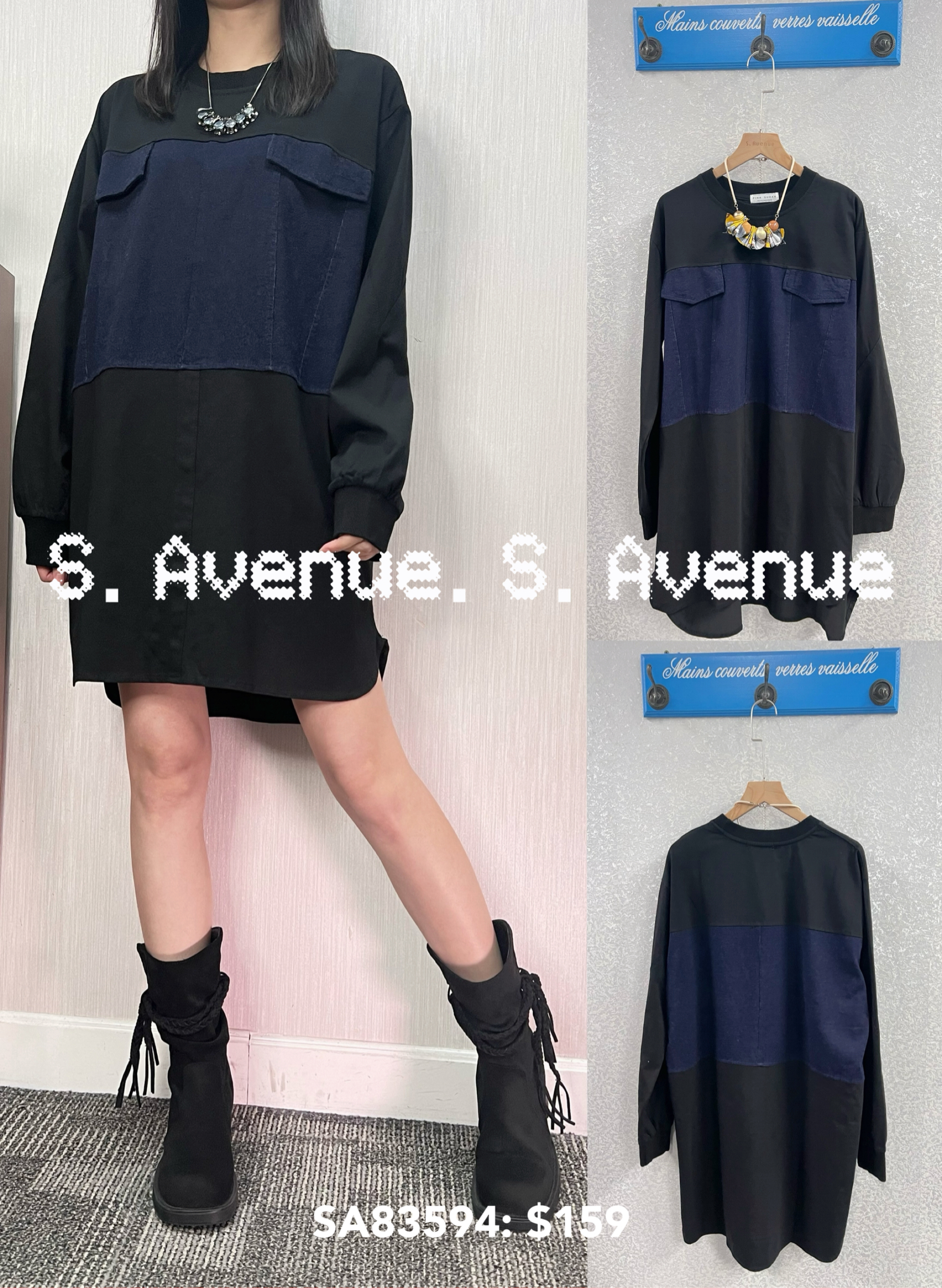 SA83594: 長袖拼牛仔前兩假袋op