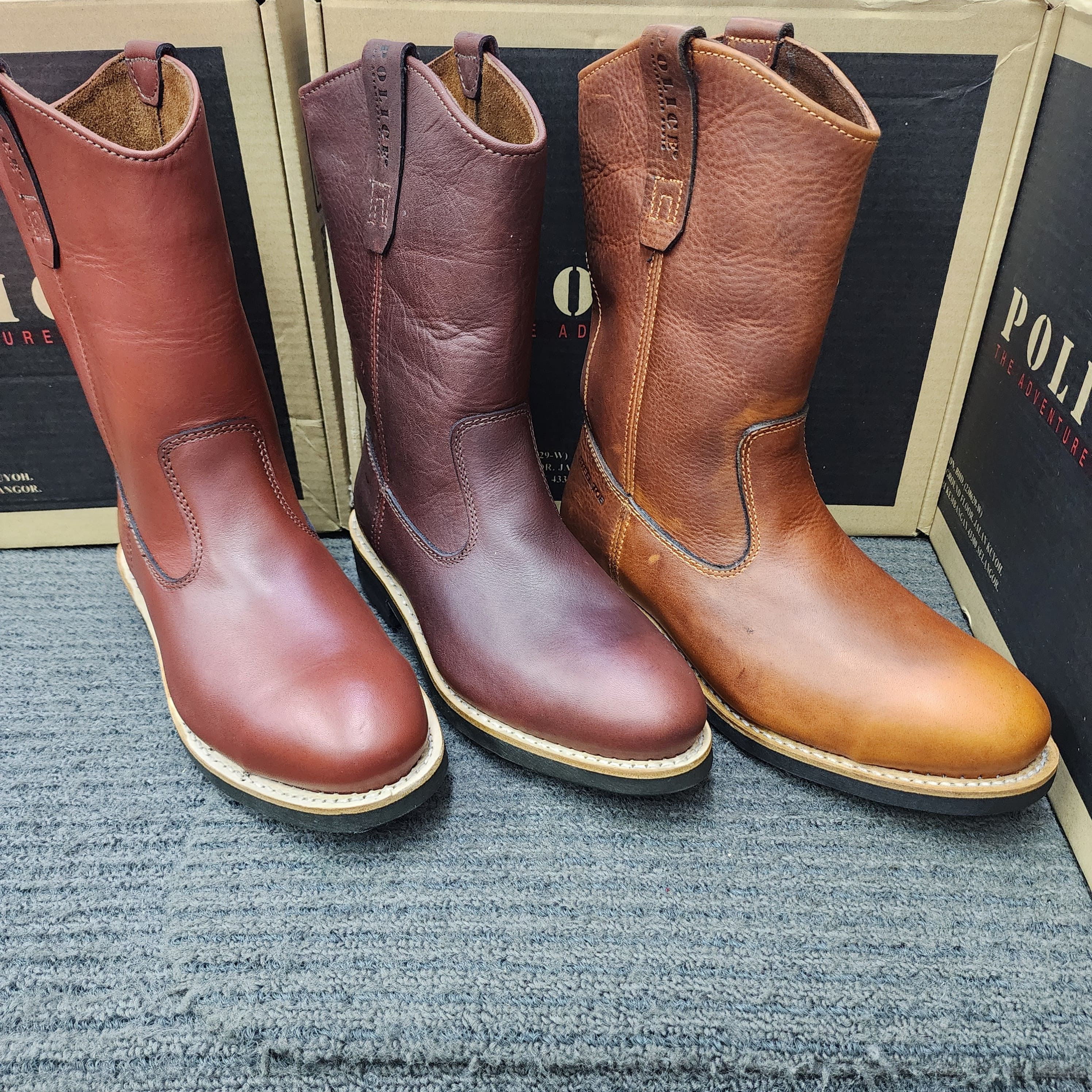 POLICE SAFETY SHOES 91494 HIGH CUT BOOT BROWN MAROUN DARK MAROON LEATHER BOOT CUTTING A TOE CAP SLIM KASUT KESELAMATAN POLIS DENGAN WARNA MAROON GELAP DAN COKLAT SESUAI UNTUK KEGUNAAN KESELAMATAN Keselamatan