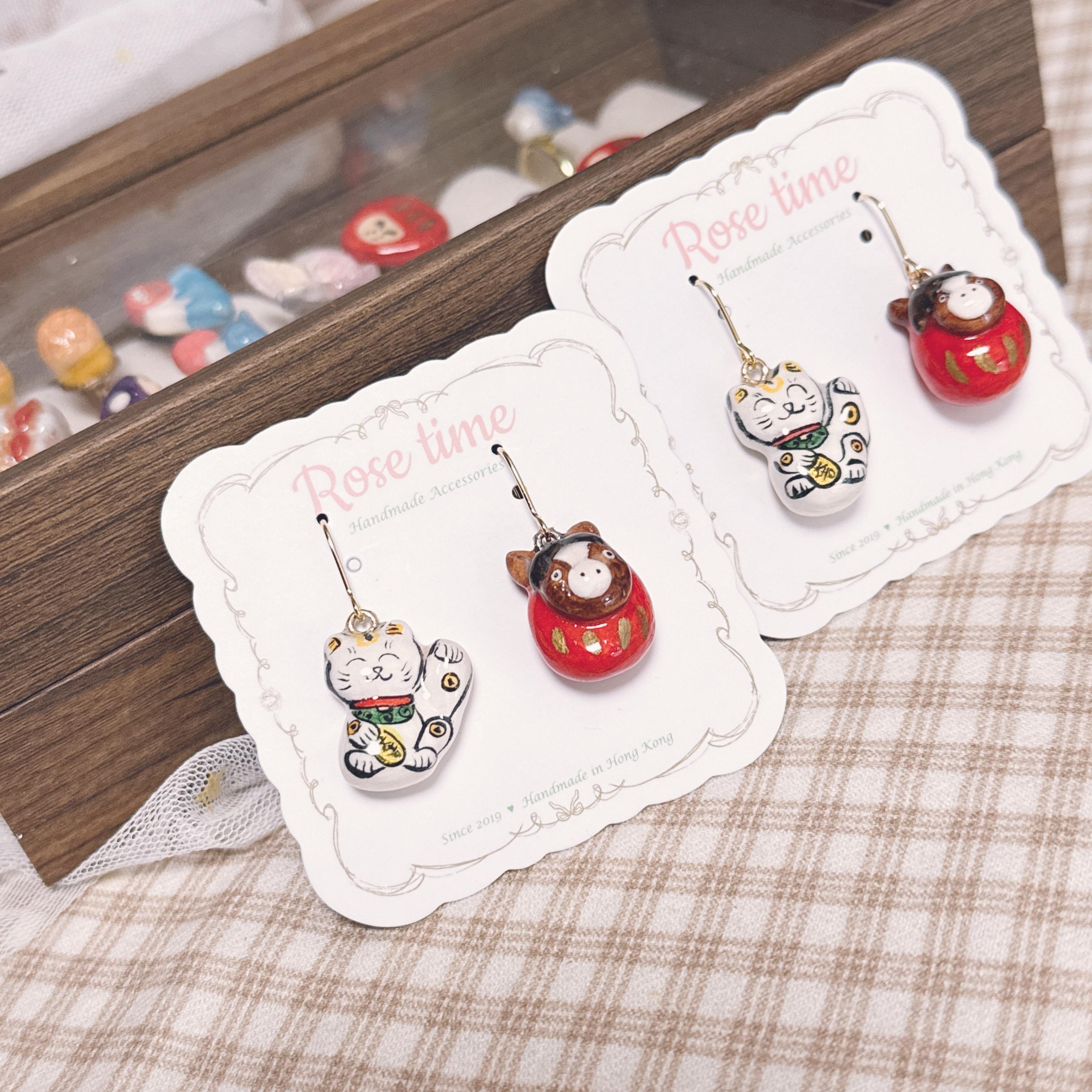 手繪招財貓貓🐱馬年達摩耳環