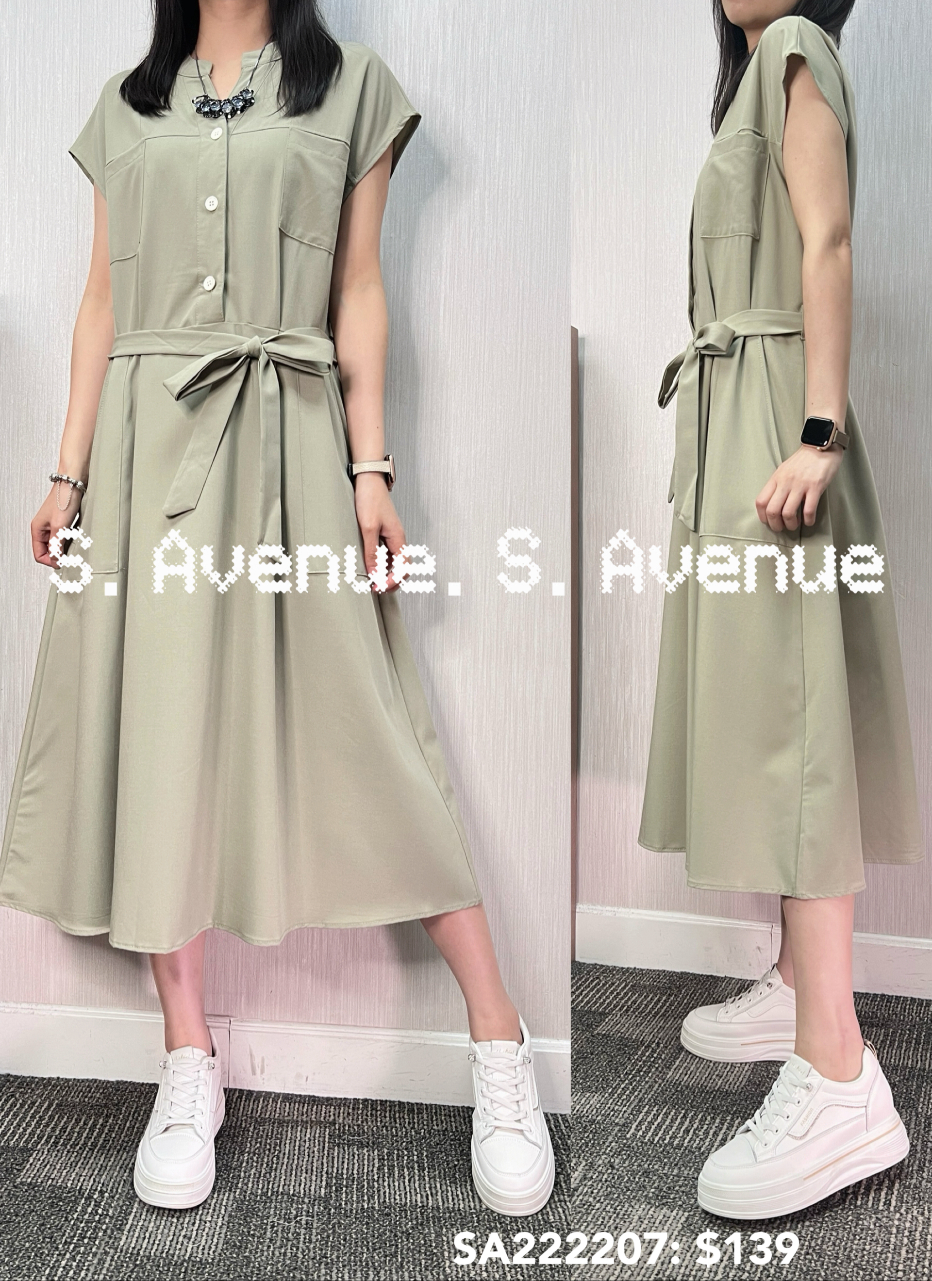 SA222207: 雞翼袖V領前有鈕綁結op