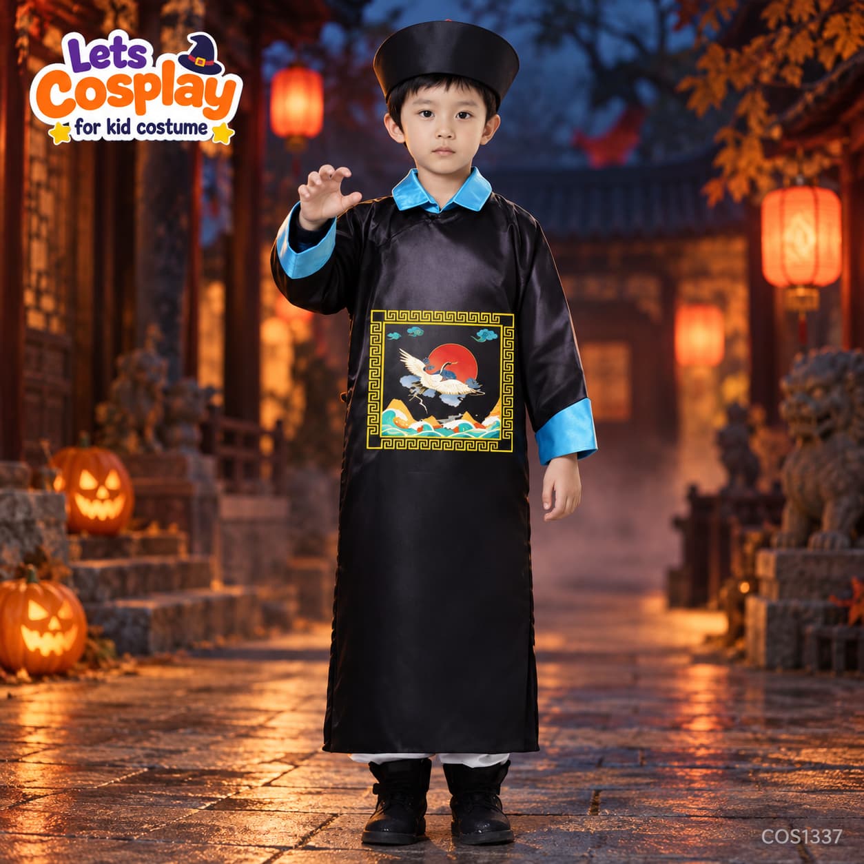 萬聖節清朝殭屍服裝連帽子及符咒長袍套裝 香港現貨 Lets Cosplay 兒童中國殭屍衫