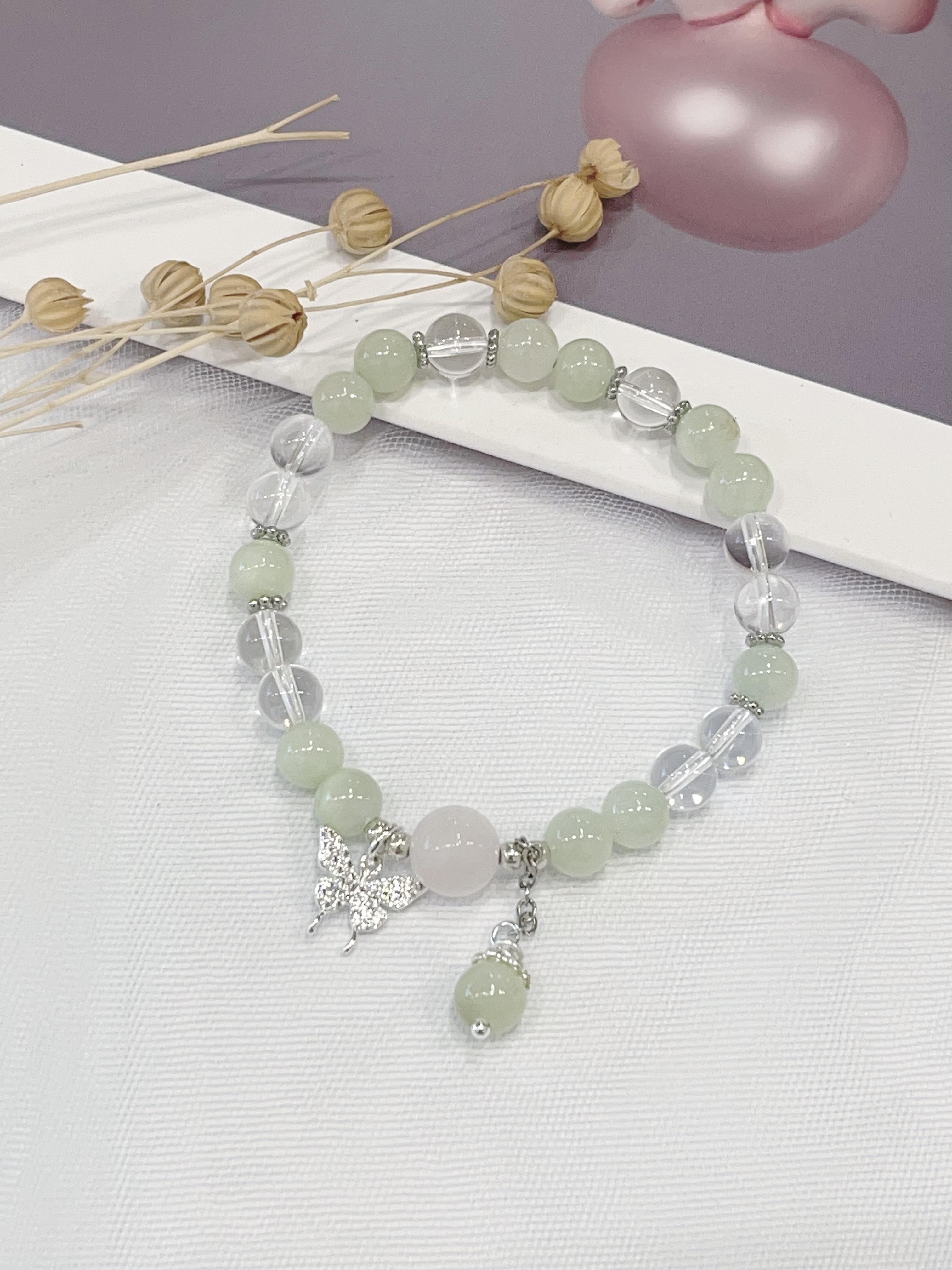 🦋 葡萄石 × 白水晶 × 粉水晶手串 Green Amethyst & Clear Quartz & Rose Quartz｜蝴蝶设计款
