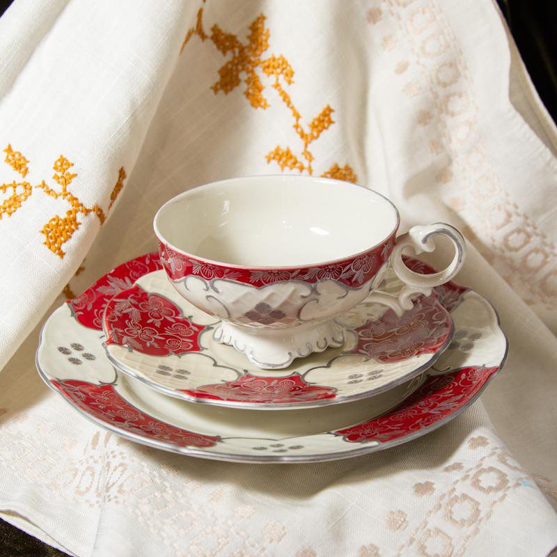 Vintage c.a. 1950s Unmarked Handpainted Floral Shape Red & Ivory Tea Set Trio from Germany (CB058)