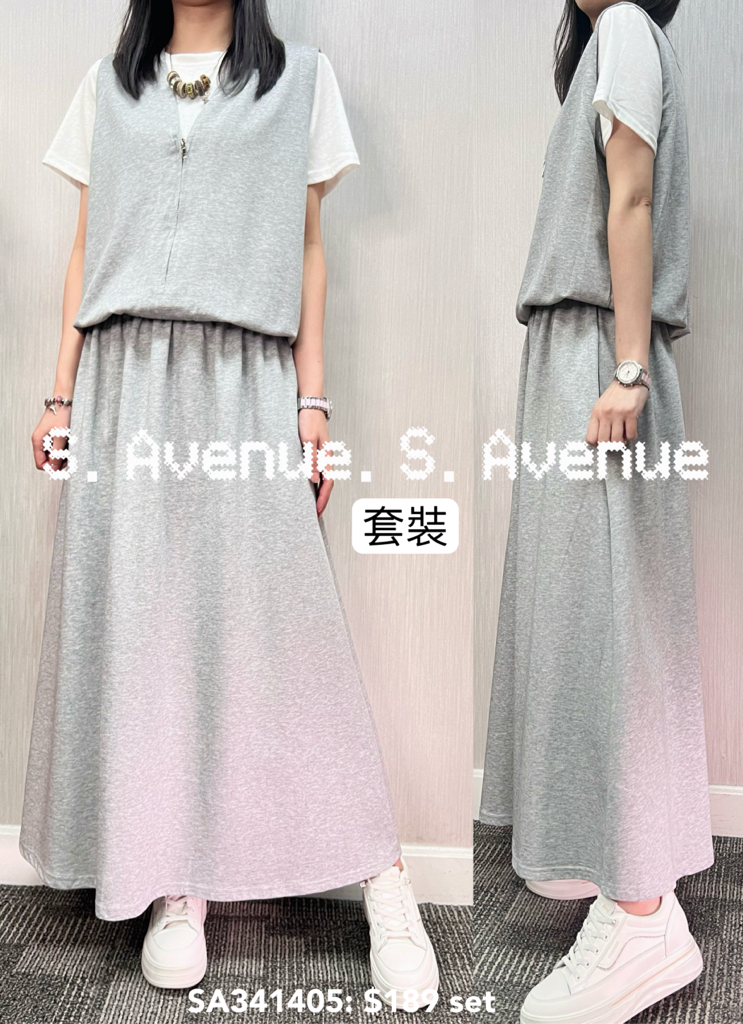 SA341405: 短袖拉錬背心假兩件tee配A宇長裙套裝