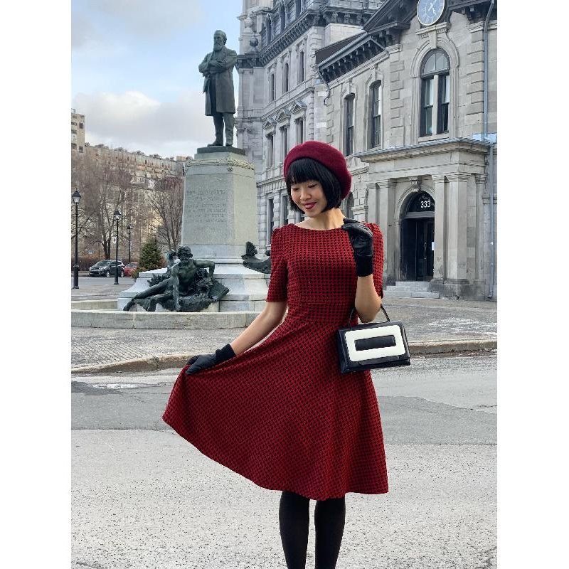 (SOLD OUT)The Parisian Swing Dress - Red x Black Houndstooth Pattern(FM155)