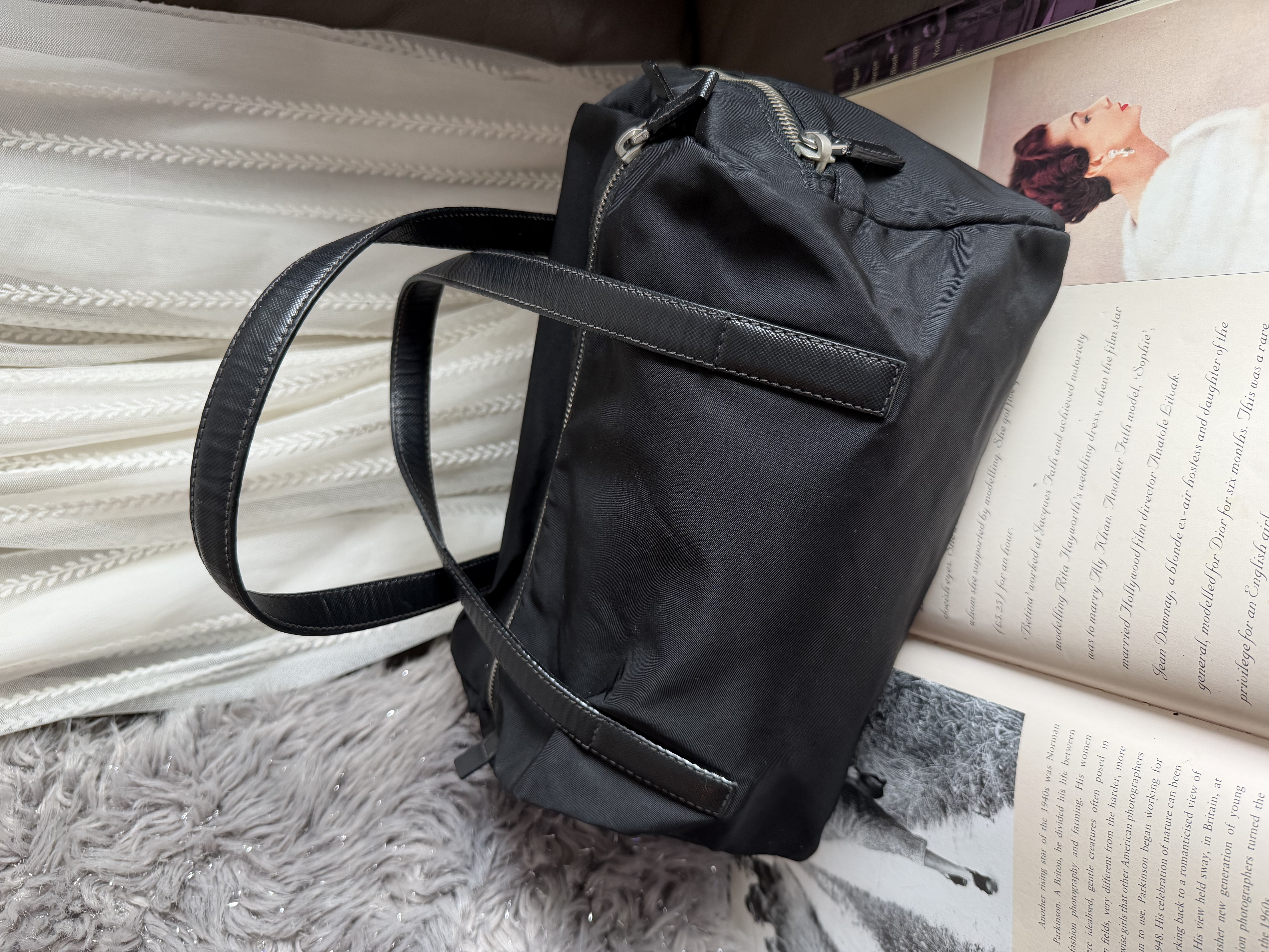 Prada black nylon / leather shoulder tote bag