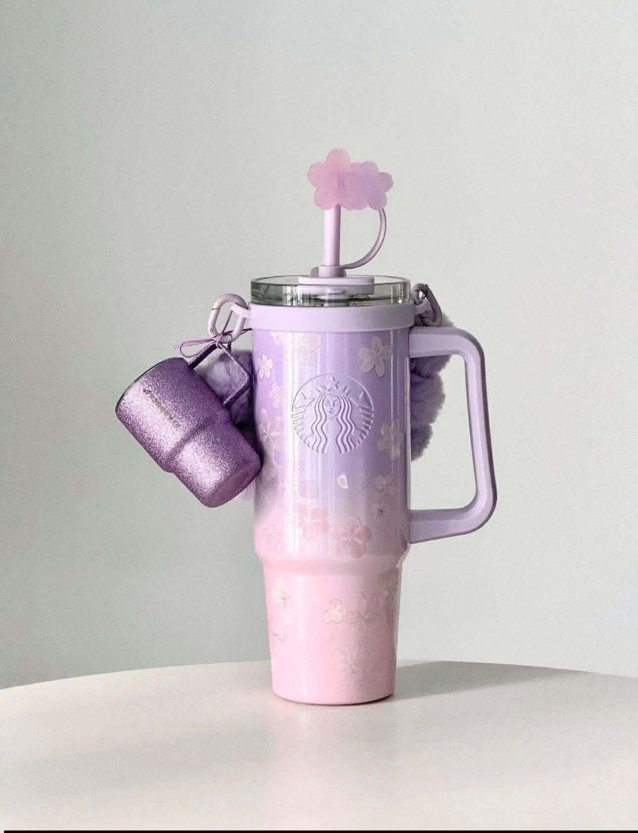 暮櫻翩翩系列雙飲口不鏽鋼杯配吸管賽及杯型掛件900ml