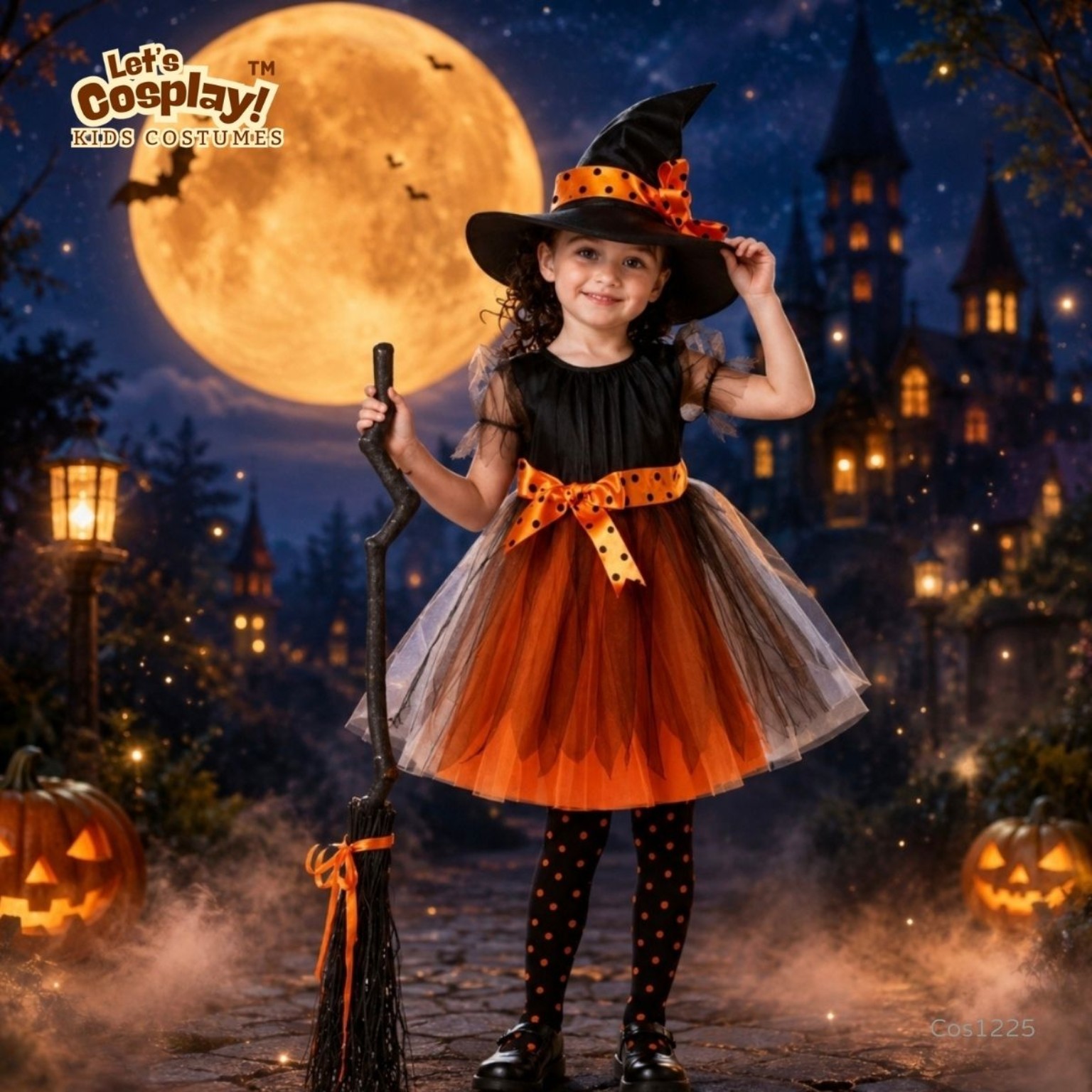 兒童萬聖節女巫主題服裝 橙黑女巫帽連身裙 Kids Witch Costume