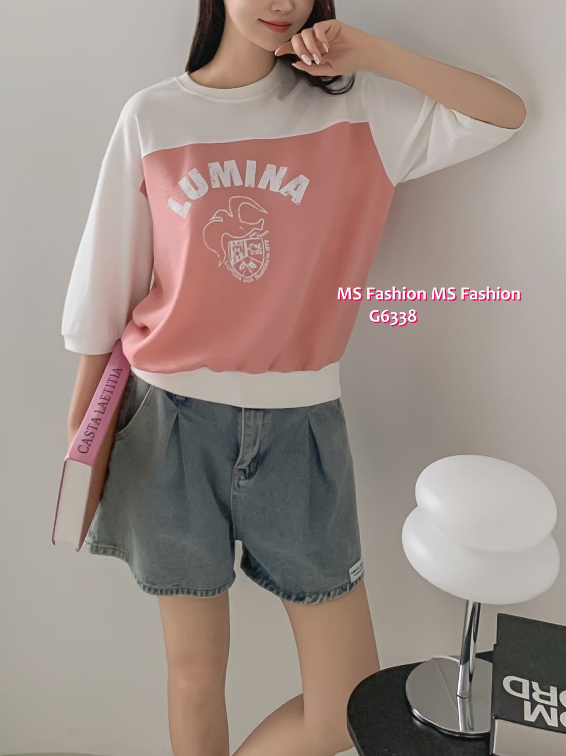 G6338 拼色中袖top