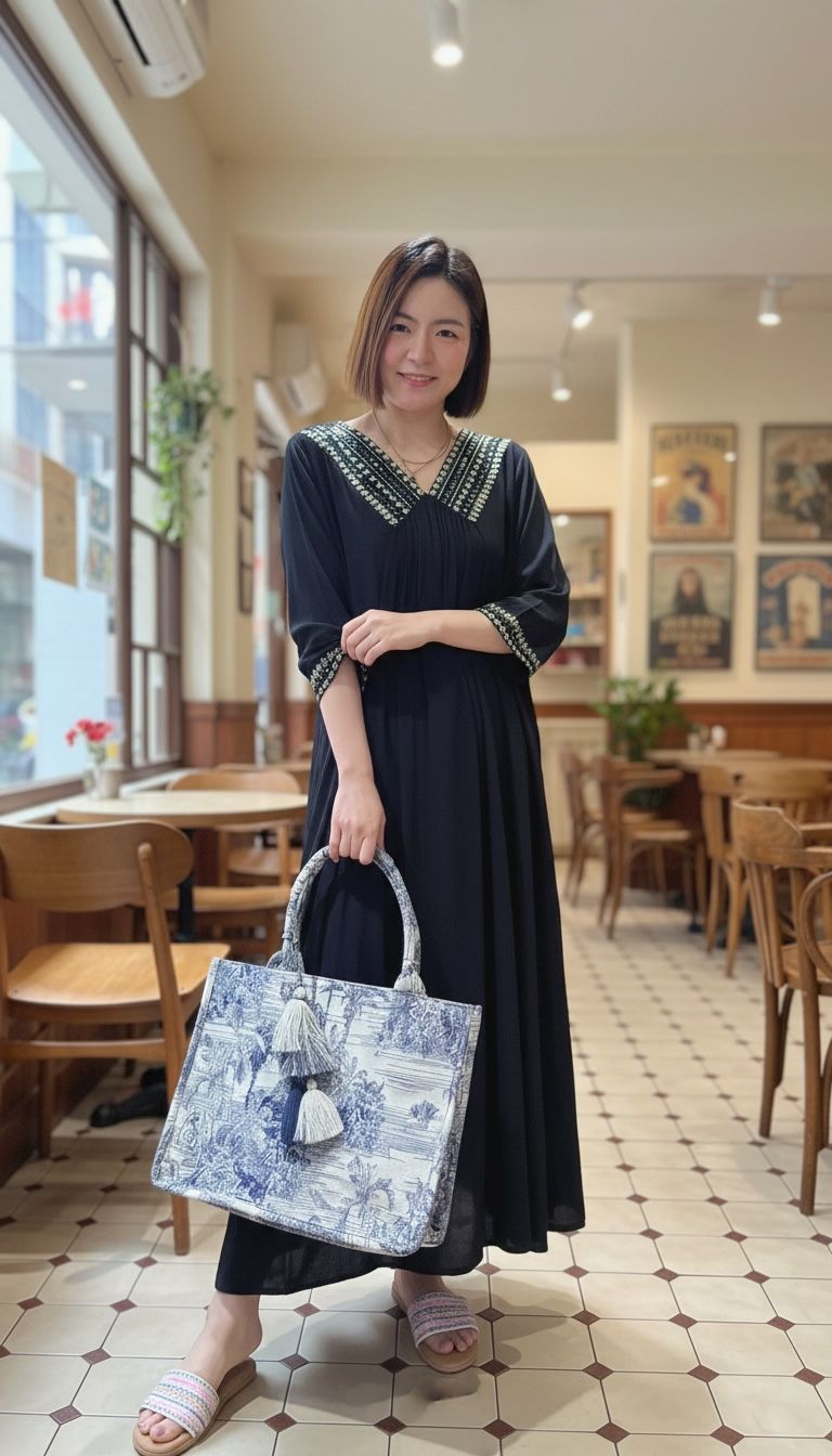 2202 Black Op with Heavy Emb V neck 47"