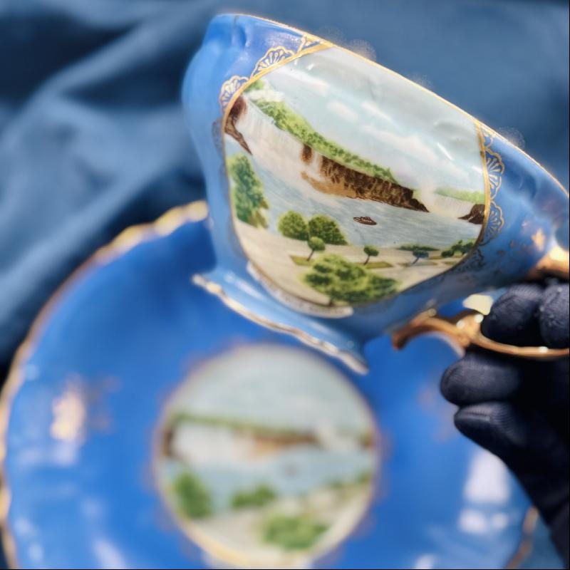 RARE! Vintage C.a. 1950s ESD Niagara Falls Canada Sky Blue Souvenir Tea Set Duo - Tea Cup with Saucer (MT2037)