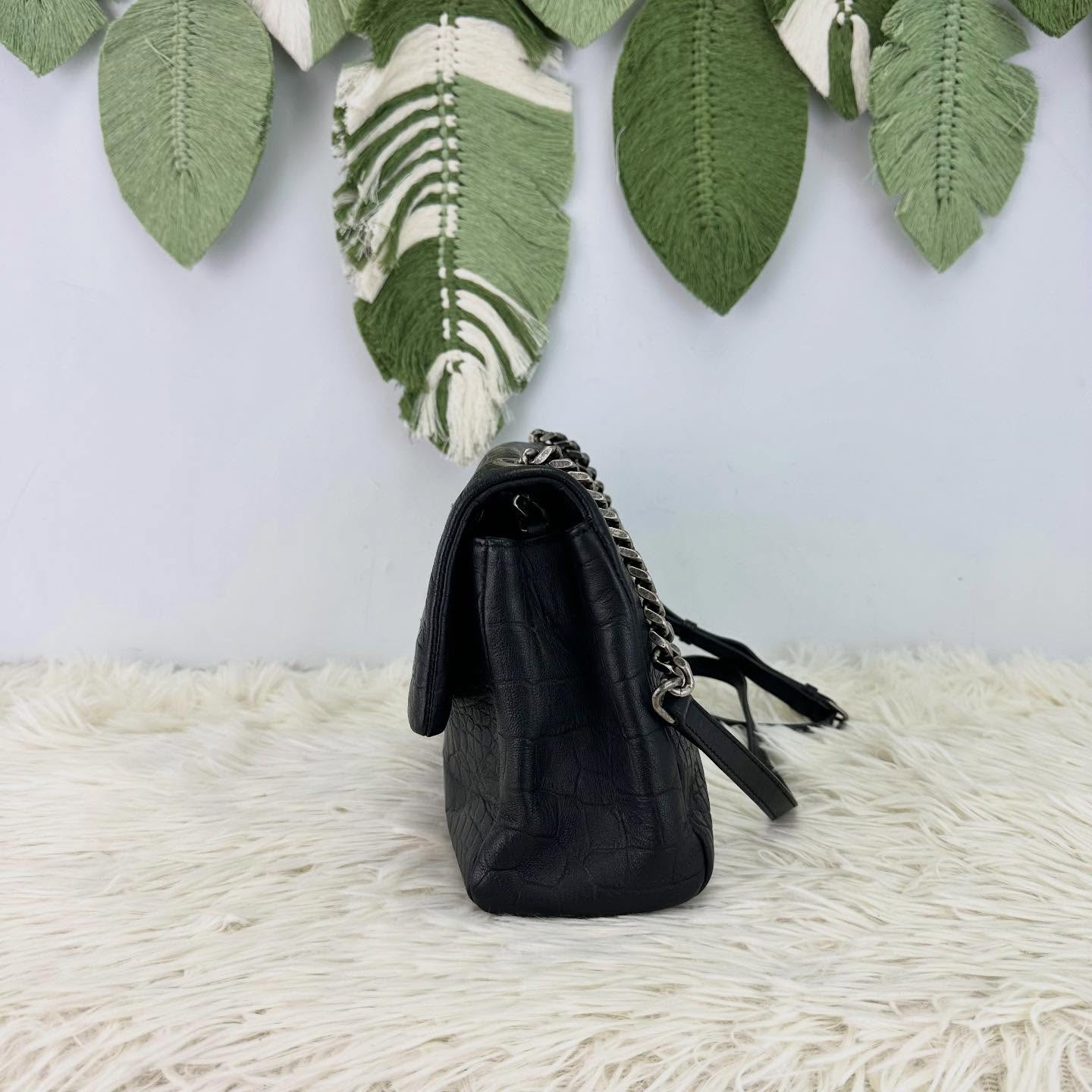 YSL🤍PRE OWNED West Hollywood 黑銀鱷魚壓紋 郵差包🖤