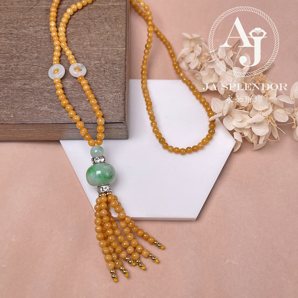 JN-H40-261 天然翡翠A玉 華麗黃翡配綠珠串串金項鏈